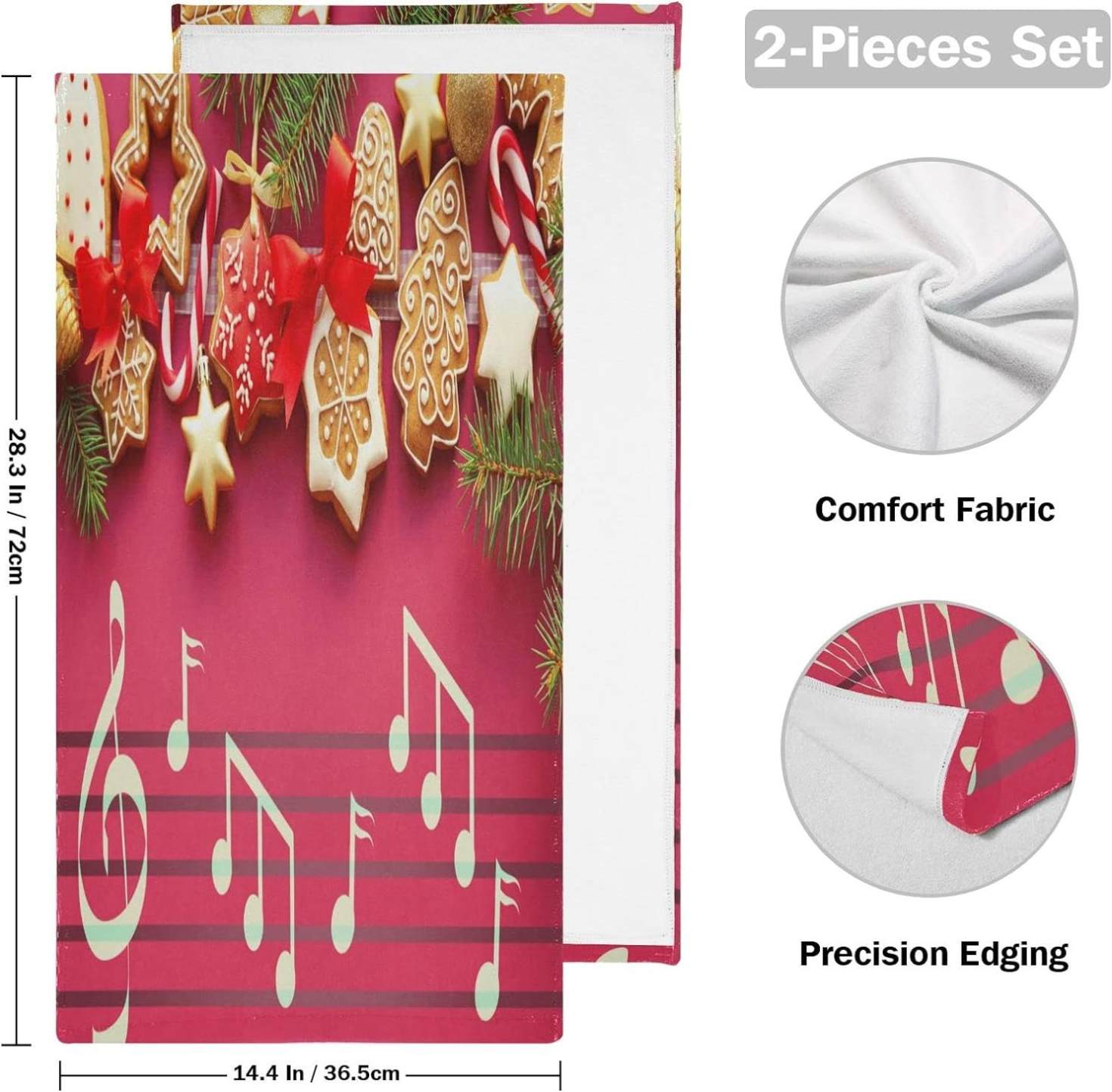 Christmas Gingerbread Cookies Hand Towels, Musical Notes Kitchen Towel Ultra Soft and Absorbent,Decorative Fingertip Face Towel for Bathroom Hotel, 2 PCS, 28.3