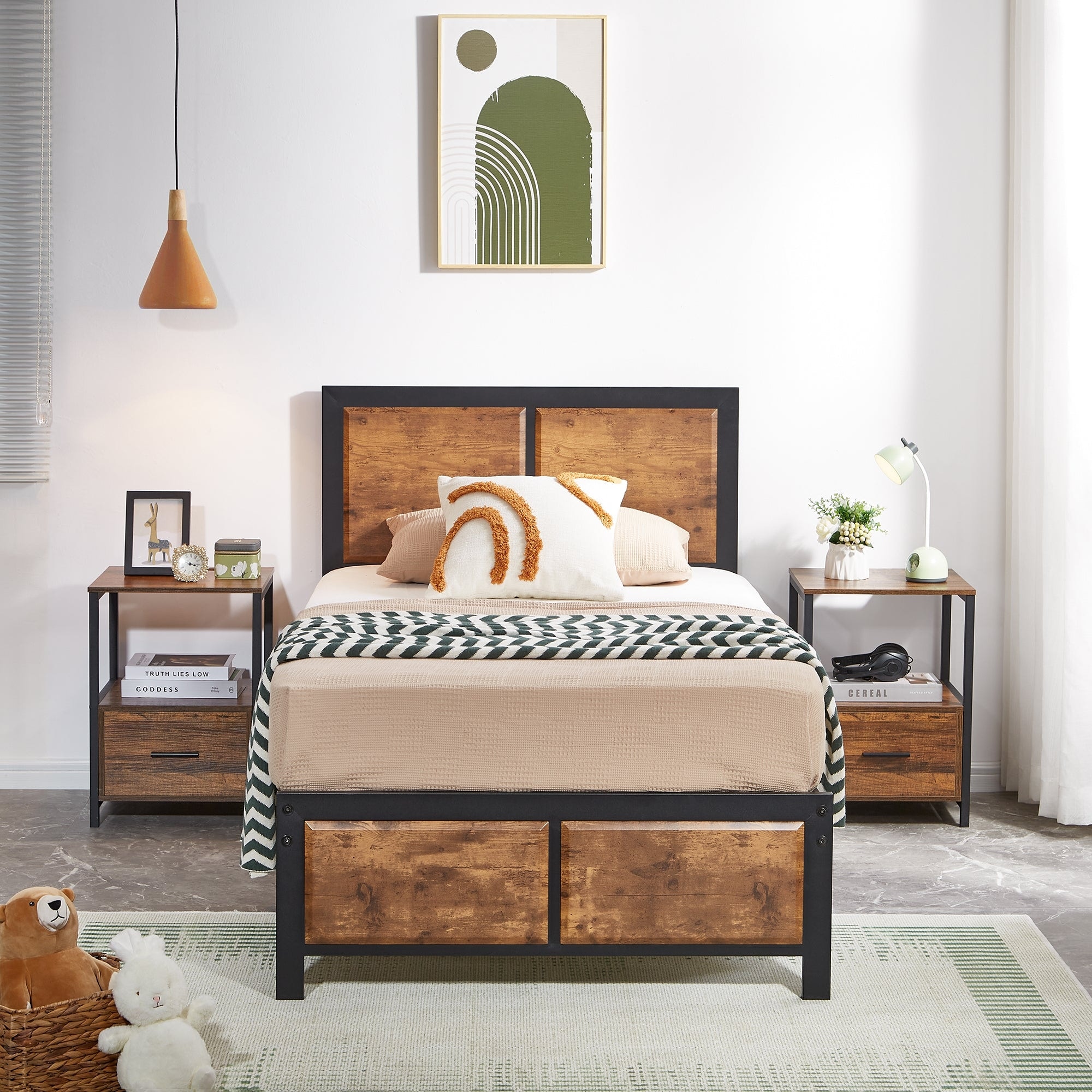 Bedroom Set of 3 Wood Headboard Platform Bed Frame Set of 2 Nightstands with Charging Station USB Port USB Brown Set Twin