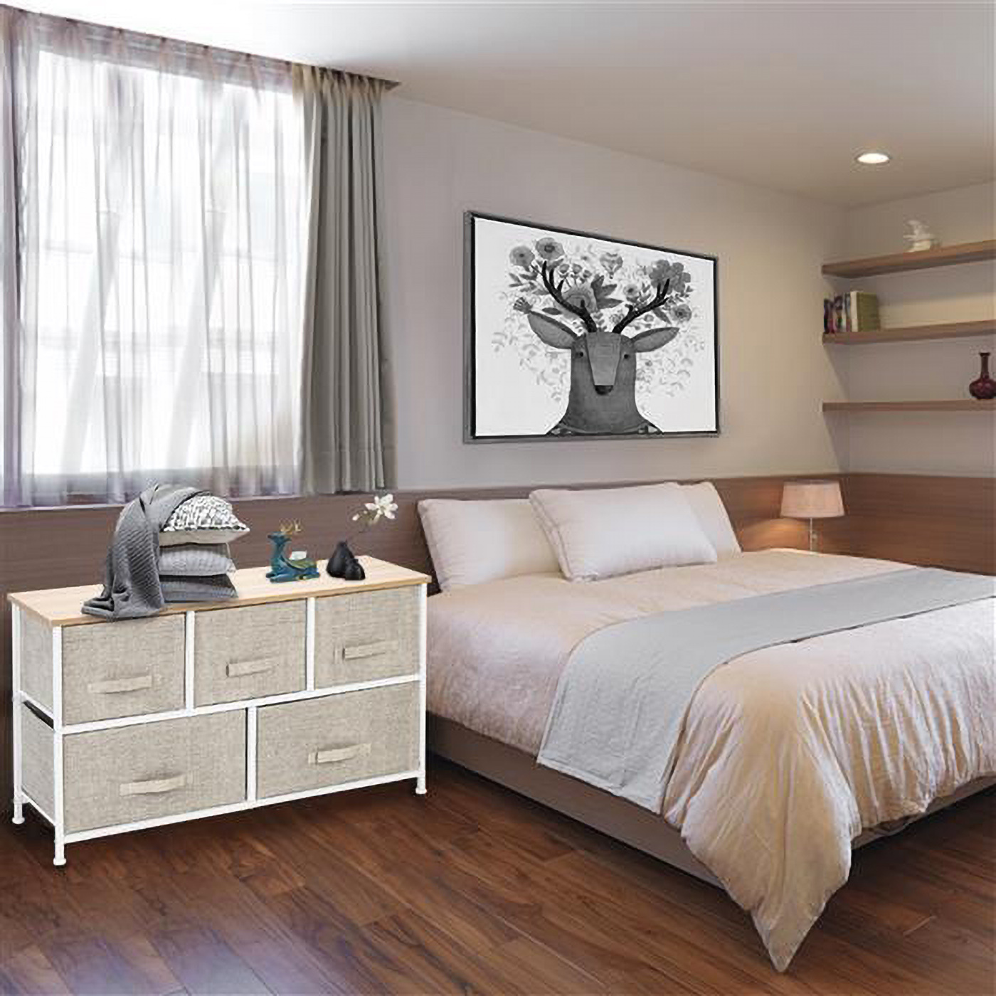 RUseeN 2-Tier Wide Closet Dresser, Nursery Dresser Tower With 5 Easy Pull Fabric Drawers And Metal Frame, Multi-Purpose Organizer Unit For Closets, Dorm Room, Living Room, Hallway, Linen/Natural