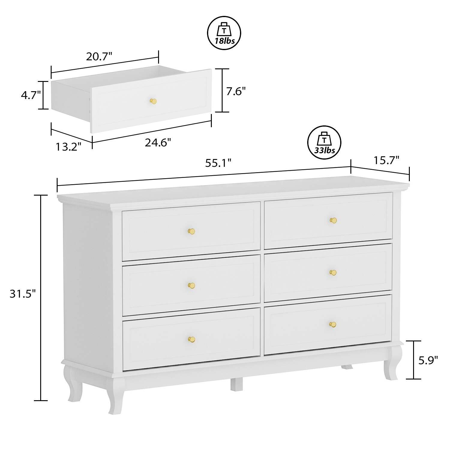 FUFU&GAGA Drawer Lacquer Double Dresser Chest Organizer Bedroom Universal Design White