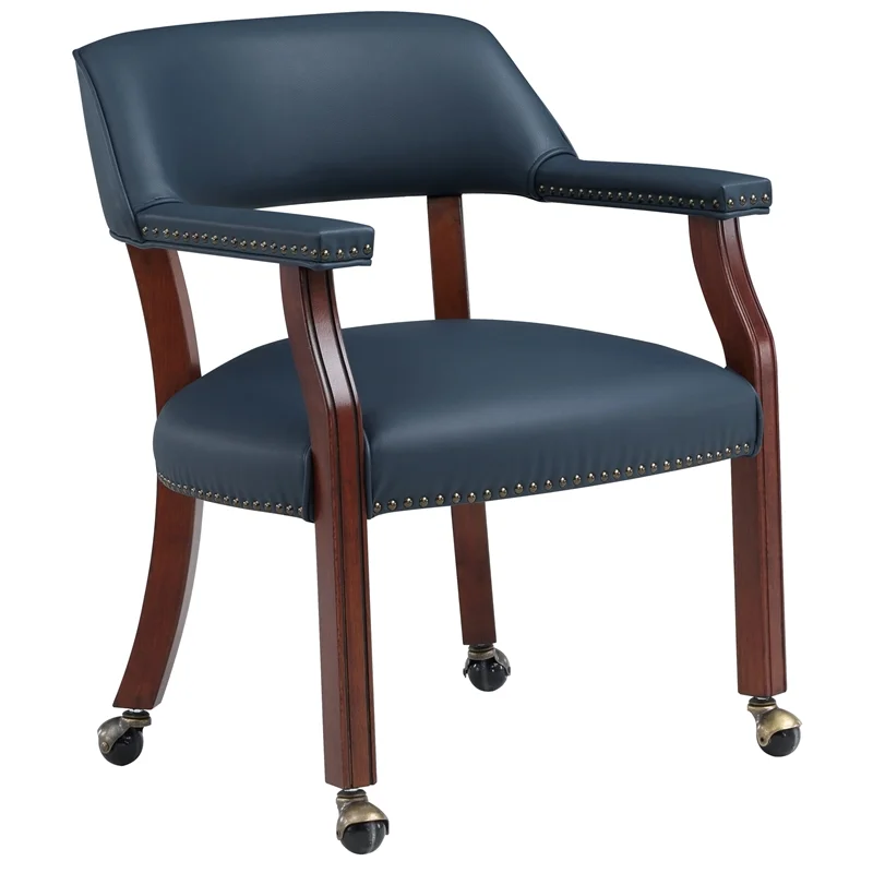 Home Square Faux Leather Caster Game Chair in Navy Blue Finish - Set of 4