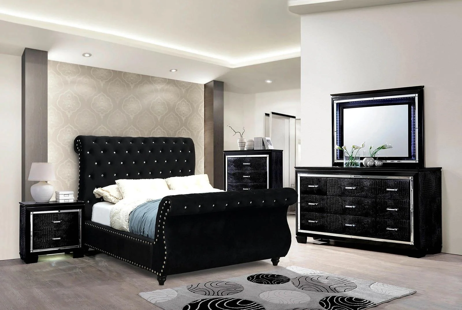 Glam Black Solid Wood Queen Bedroom Set 5pcs FOA CM7128BK-Q Noella