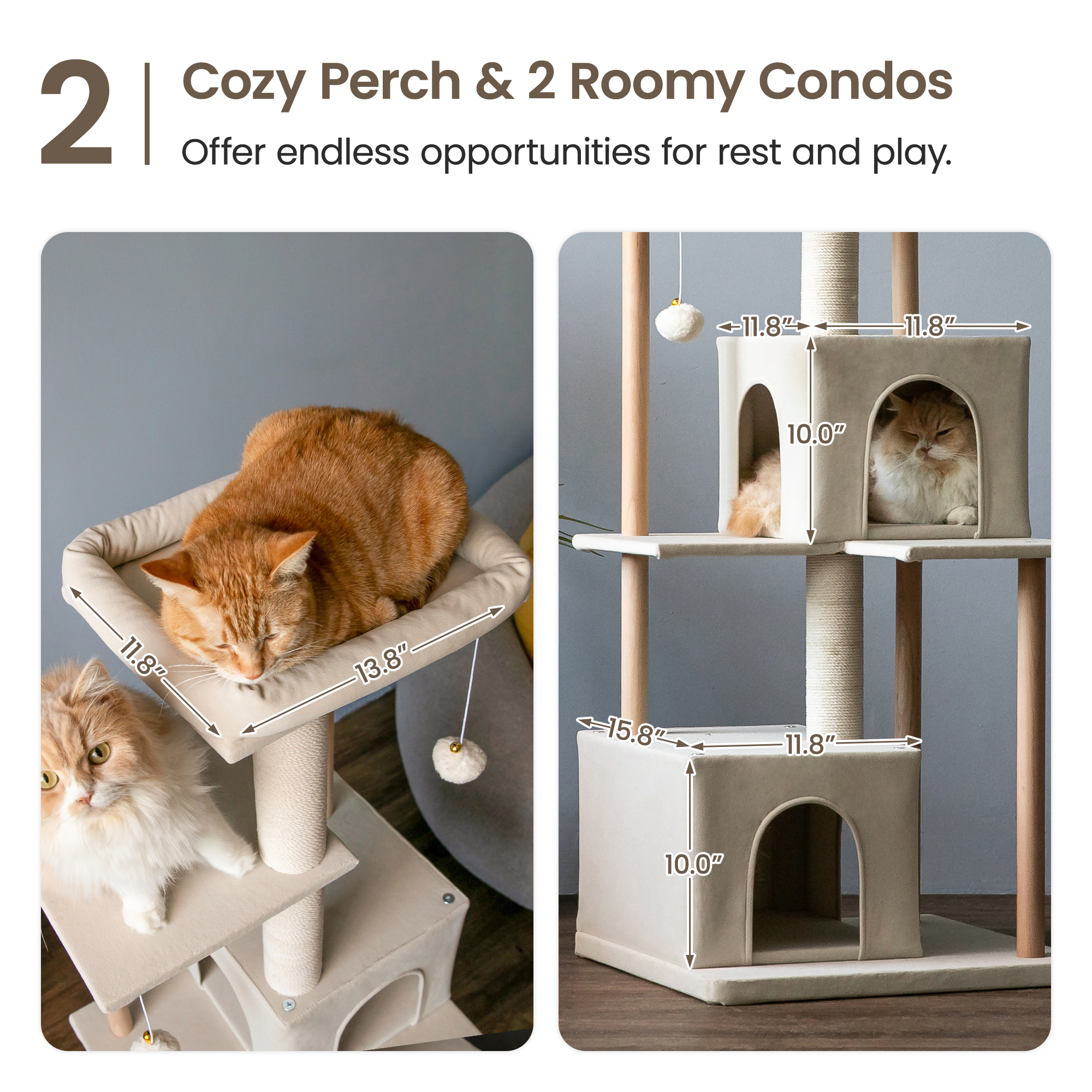 MWPO Modern Cat Tree Multi-Level Wood Cat Tower with 2 Condos and Perch, Beige