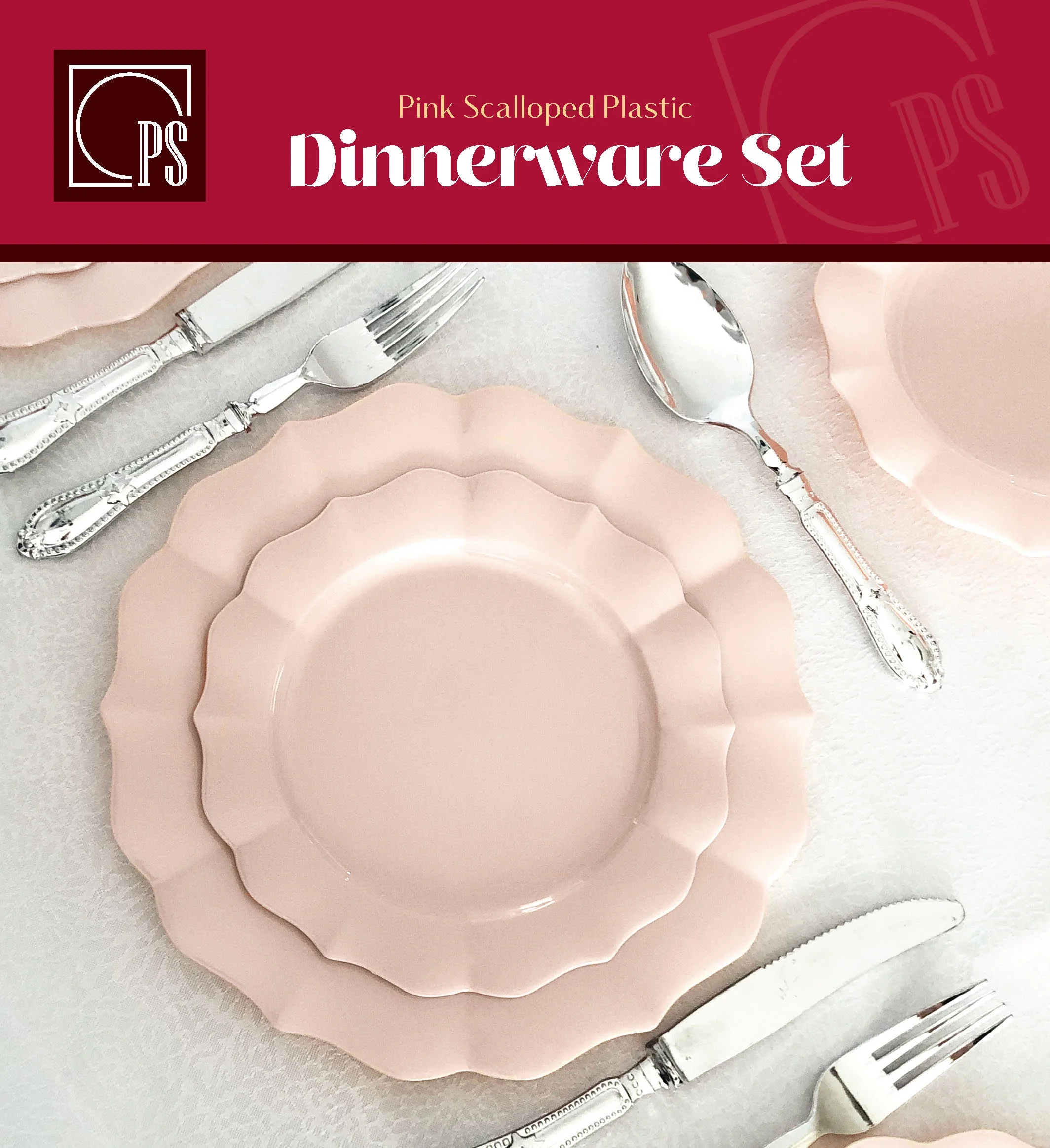Pink Plastic Plates, Scalloped Rim Pearl Pink Disposable Party Plates, 20 10 inch Dinner Plates, 20 7.5 inch Salad/Dessert Plates - Posh Setting