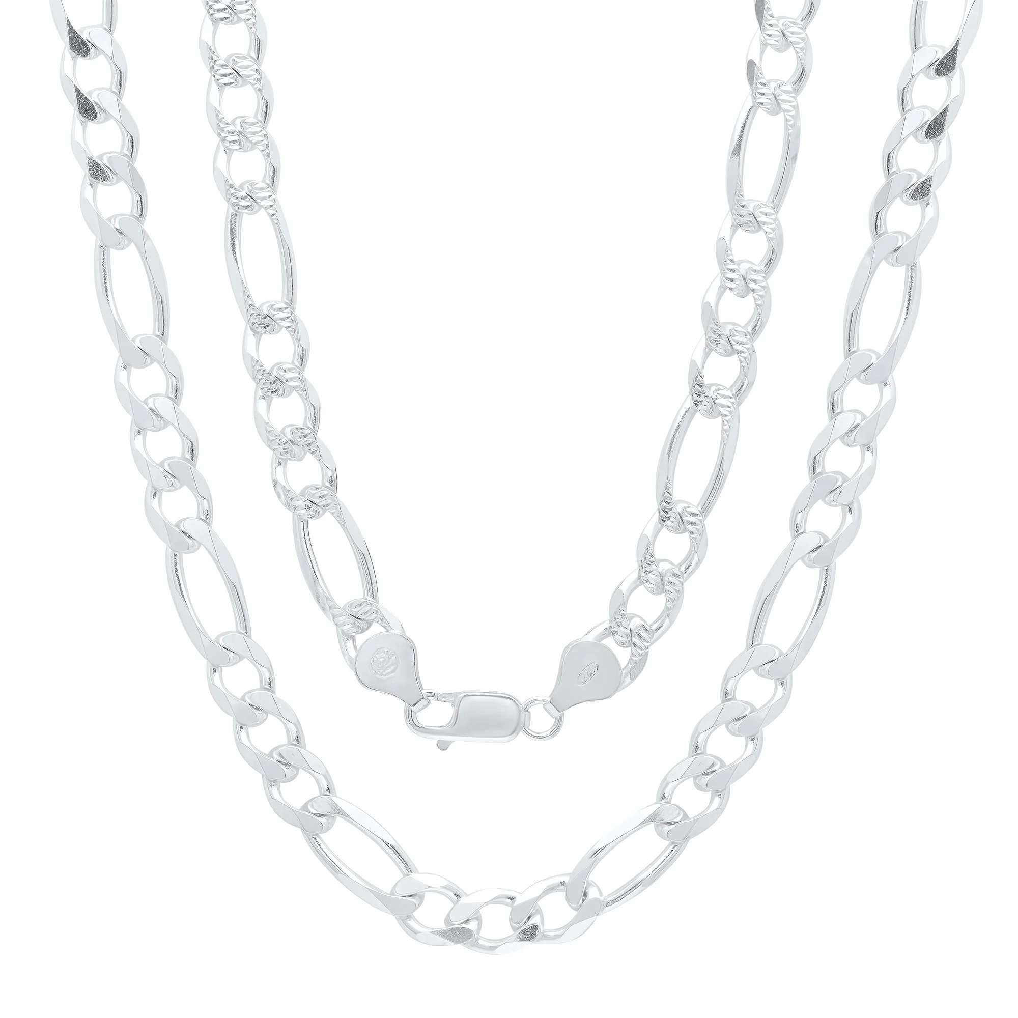 7mm .925 Sterling Silver Diamond-Cut Flat Figaro Choker Chain Necklace, 18 inches + Gift Box