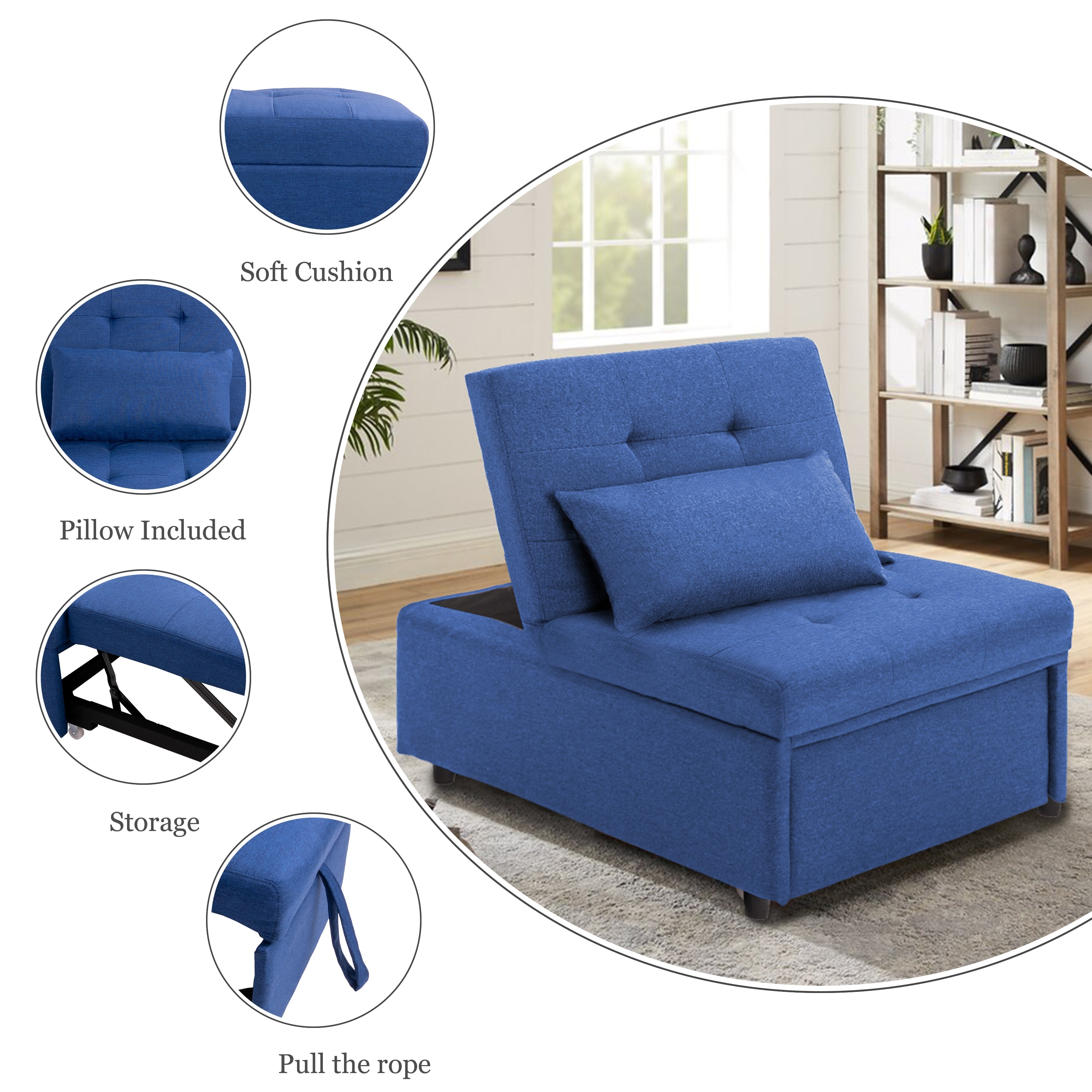 4-in-1 Convertible Lounge Chair Sofa Bed Folding Ottoman Navy