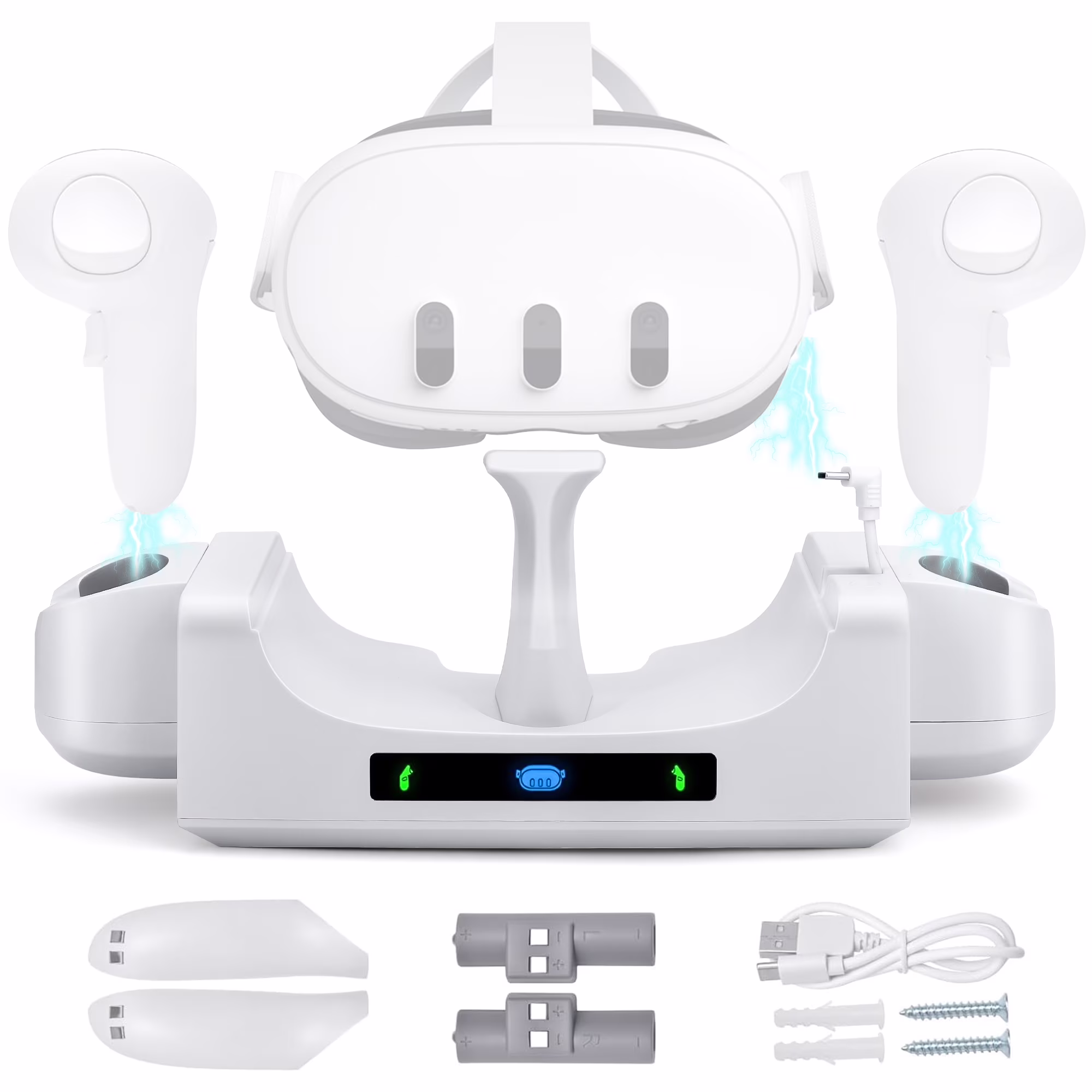 TSV Charging Station Fit for Oculus/Meta Quest 3 Headset and Controller, Wall Mount Charging Dock with 2 Rechargeable Batteries, VR Charging & Storage Stand