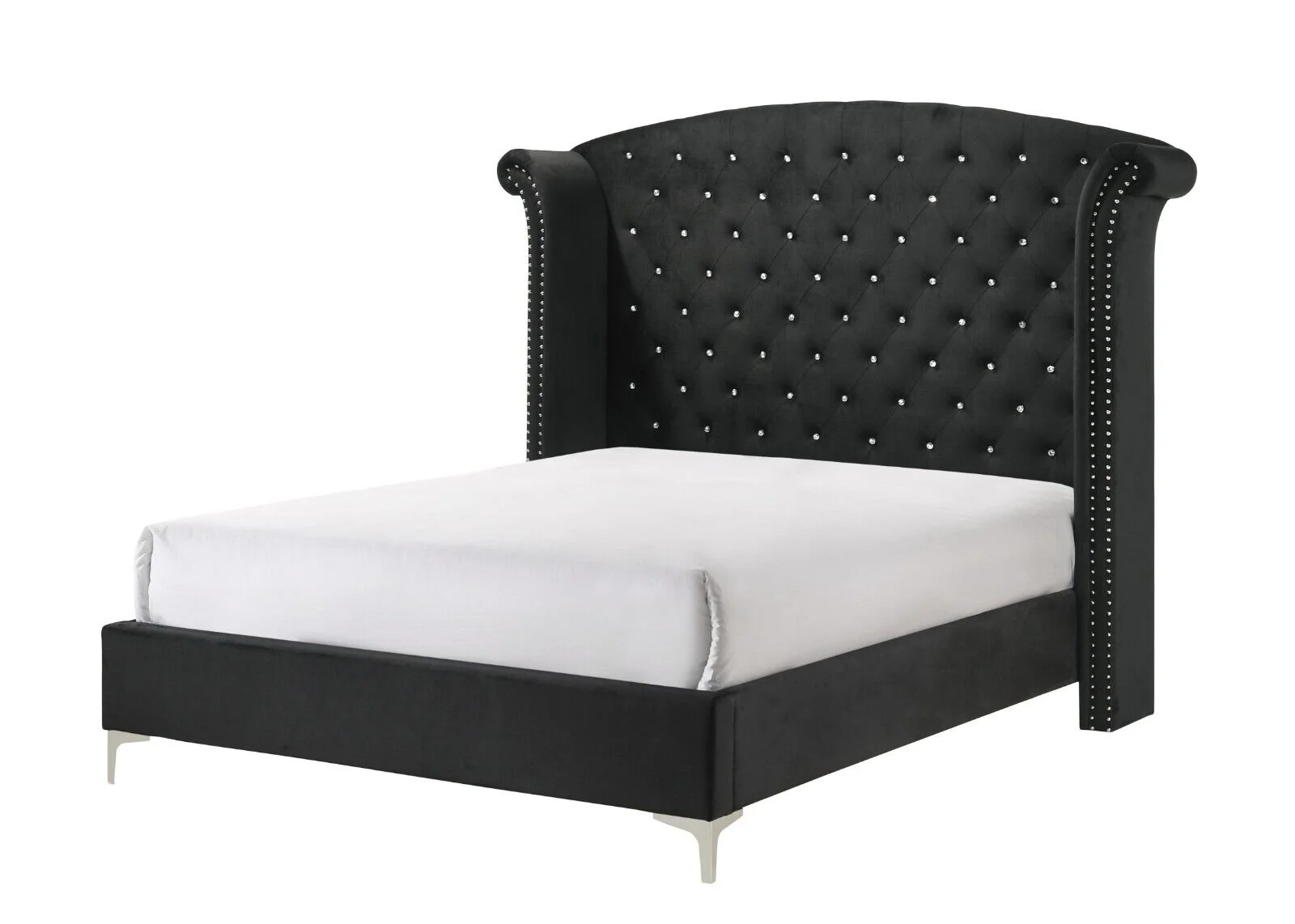 Modern Glamourous Style 3pc Queen Size Bed and 2x Nightstands Bedroom Set Black Velvet Upholstery Furniture