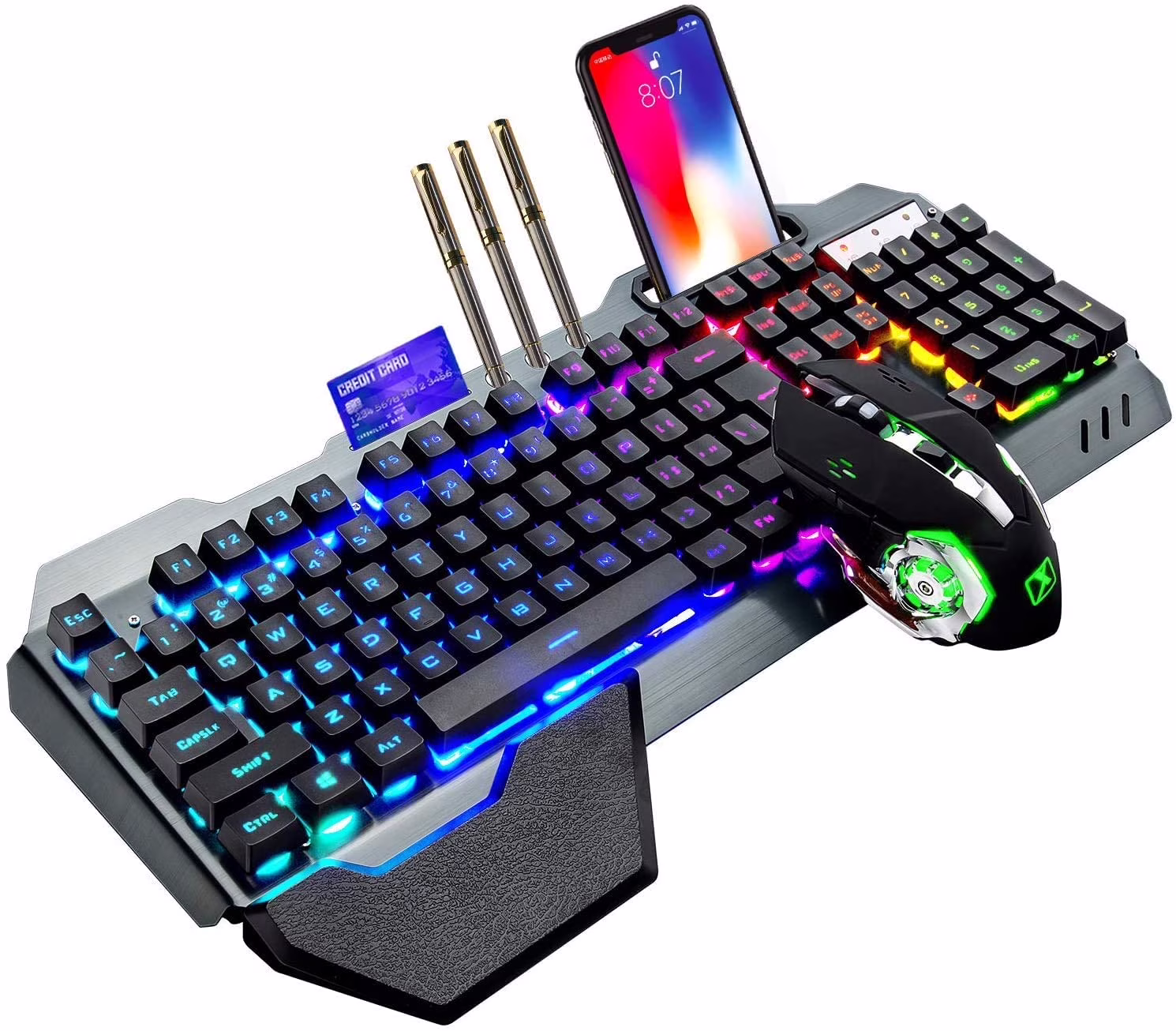 XINMENG Wireless Gaming Keyboard and Mouse, RGB Backlit Rechargeable Keyboard Mouse 5000mAh Battery Metal Panel, Removable Hand Rest Mechanical Feel and 7 Color Gaming Mute Mouse for PC PS4 PS5 Xbox