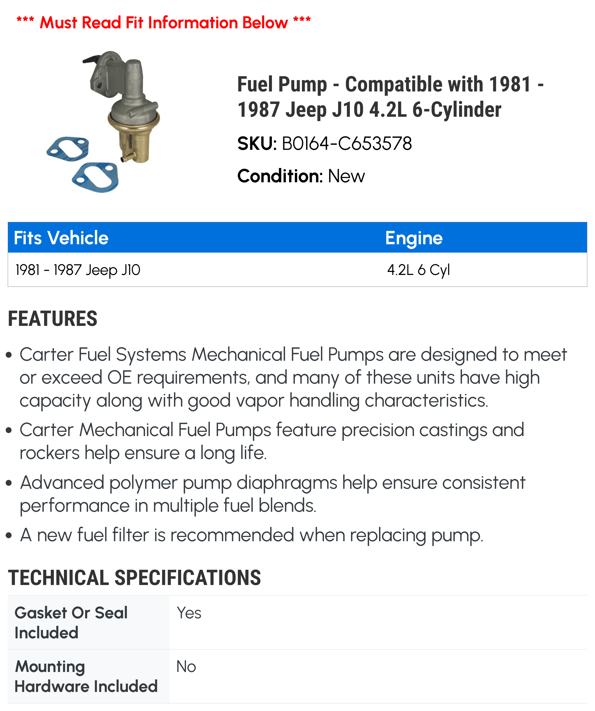 Fuel Pump - Compatible with 1981 - 1987 Jeep J10 4.2L 6-Cylinder 1982 1983 1984 1985 1986