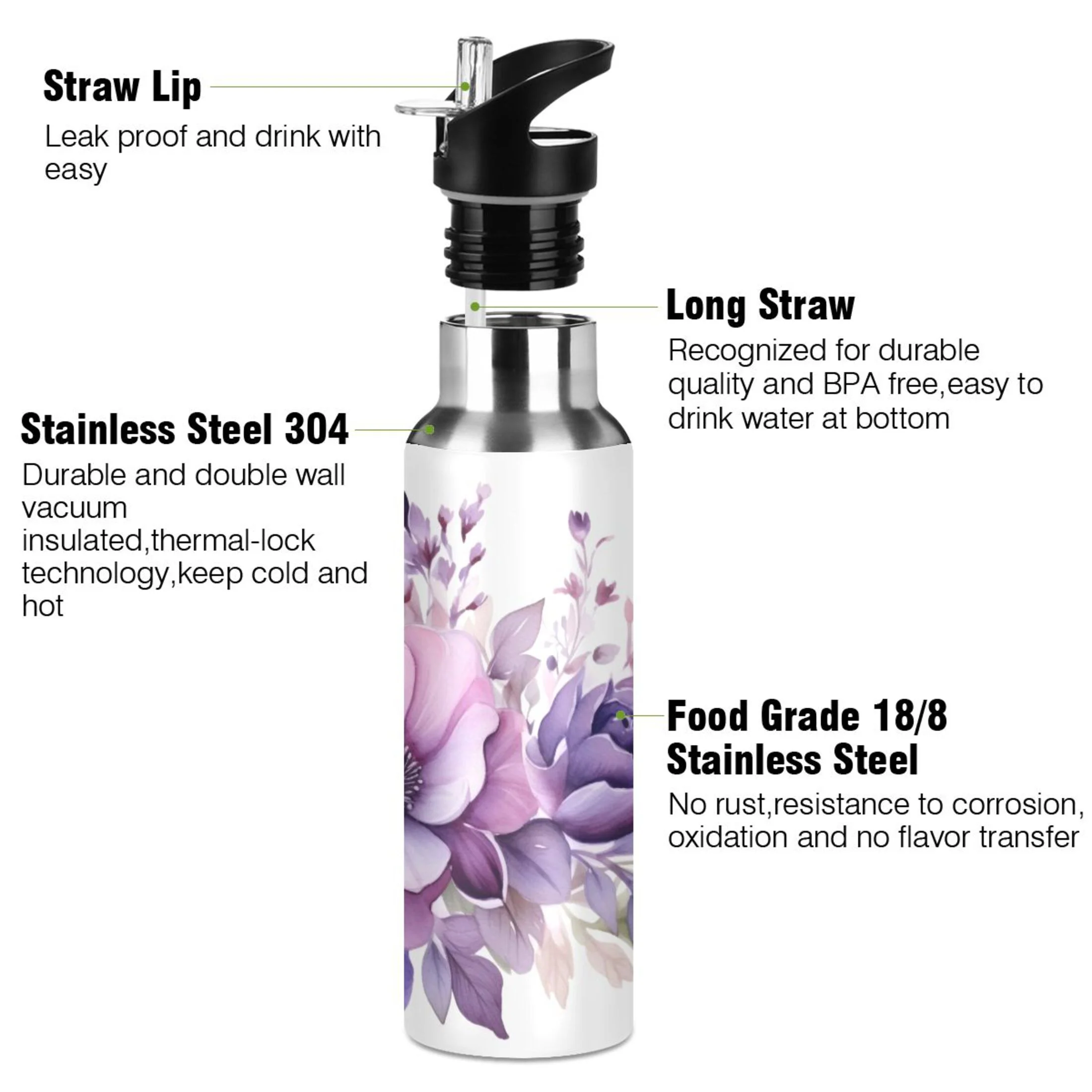 Flowers Purple Water Bottles Insulated Thermos Kids Stainless Steel Bottle with Straw Lid Flask Leakproof for Sports Gym 20 oz