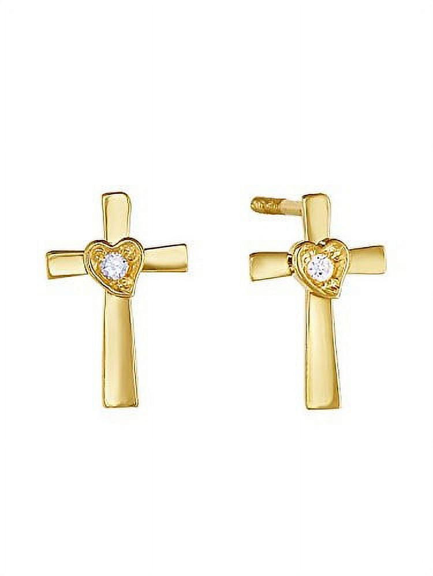 Tilo Jewelry Solid 14K Yellow Gold Tiny Cross & Heart Stud Earrings with Cubic Zirconia CZ Stones | Women & Girls