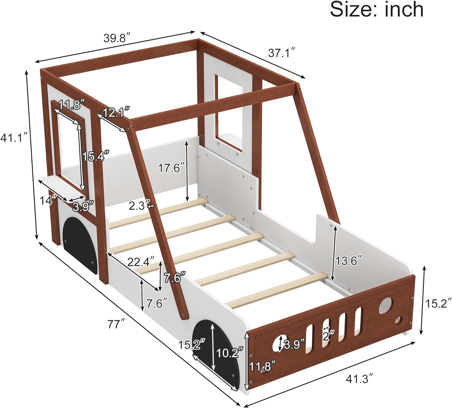 Size Car Bed, Wood Racecar Bed Frame Wih Fece Railigs Ad Caopy, Kids Floor Bed Frame I Car-Shaped For Boys Girls ees, Whie Wih Walu