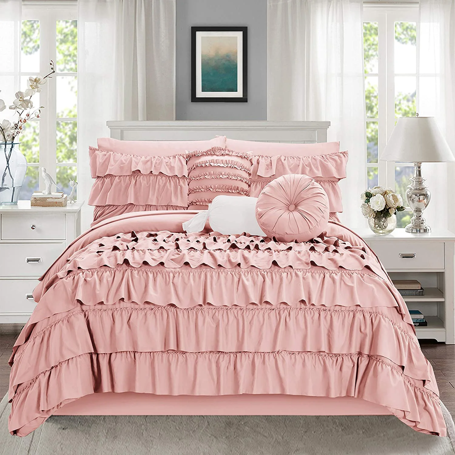 YINCHEN 10-Piece Bed-in-a-Bag Cindyrealla Comforter Set, Multiruffle Complete Comforter Set Includes Bed Sheet Set with Double Sided Smart Storage Pockets, King/Cal King,Dusty Rose