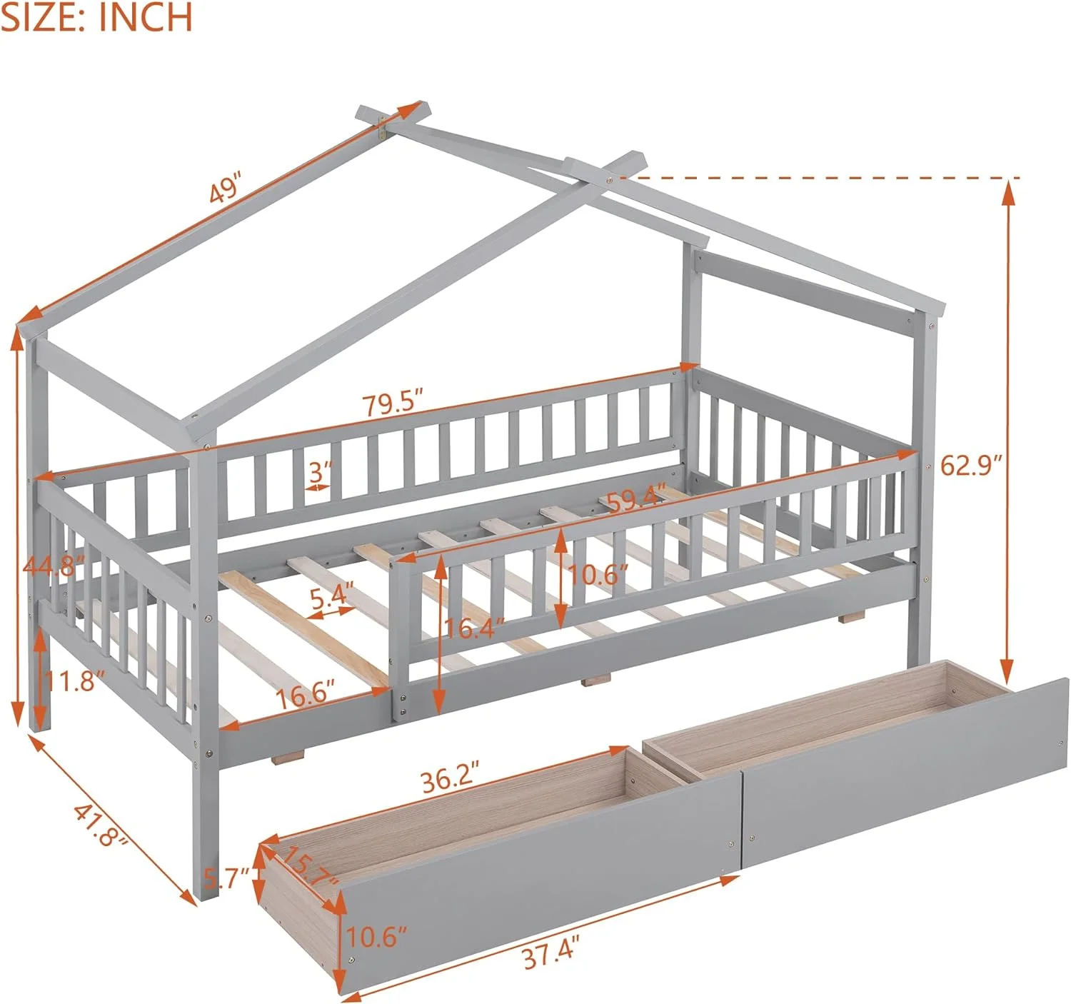 House Daybed With Storage Drawers For Kids, Wood House Platform Bed Frame For Boys Girls, Full-Legth Fece, o Boxig Sprig eeded, Gray