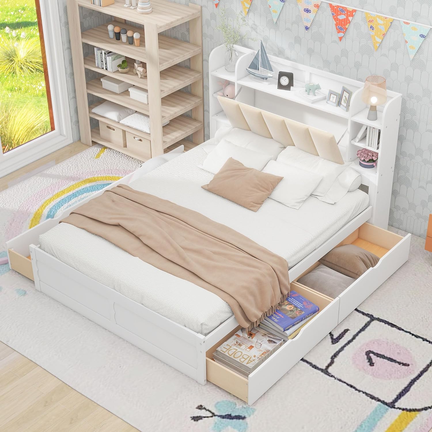 Wood Queen Bed With Drawers And Storage Headboard, Queen Platform Bed Frame With Bookshelf And Slats Support, For Kids Teens Adults (Queen Size,White)