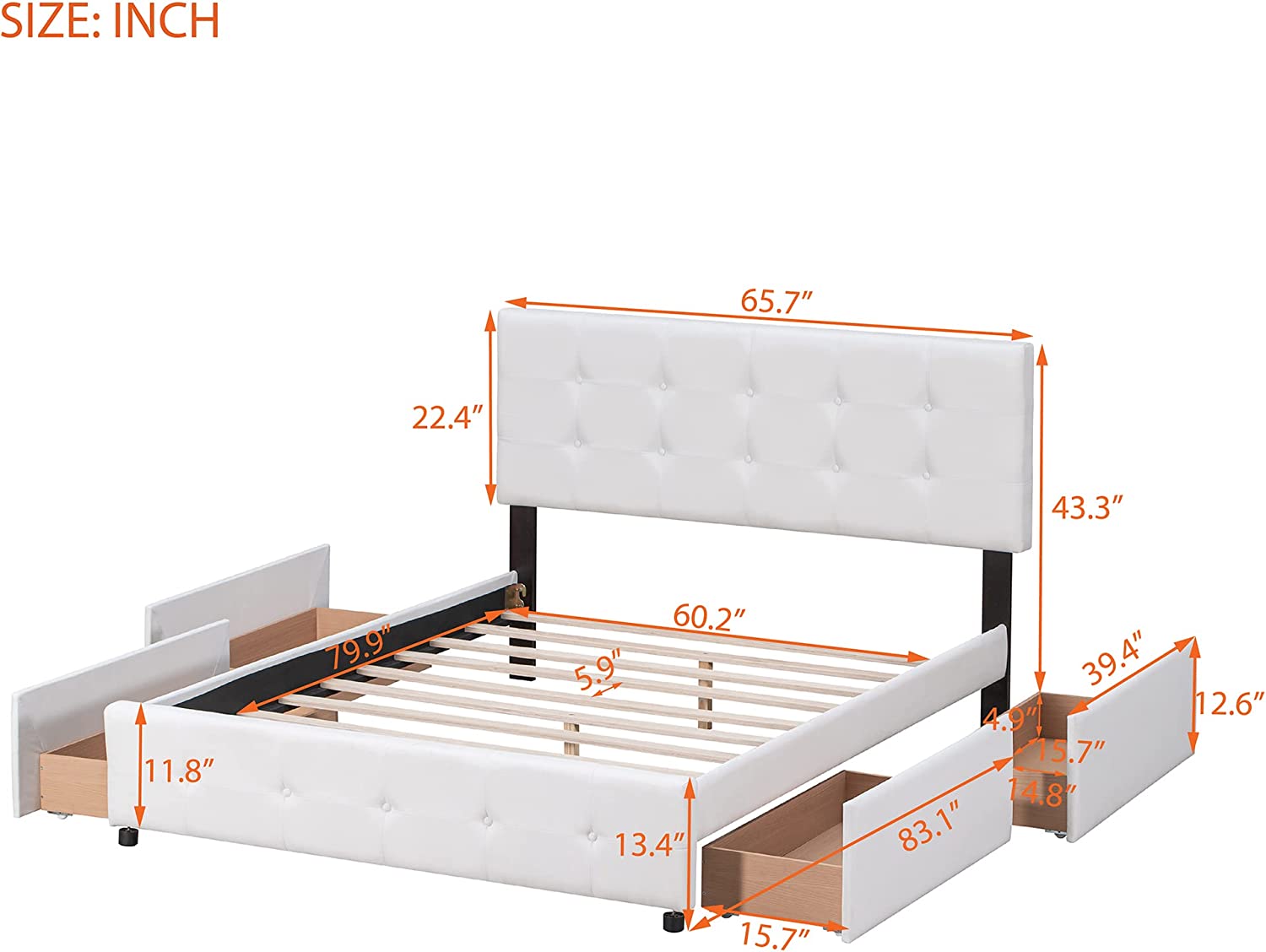 Upholstered Queen Bed With 4 Storage Drawers, Wood Size Platform Frame Tufted Headboard And Sturdy Slat Support, Linen Fabric, No Box Spring Needed (Queen, White)