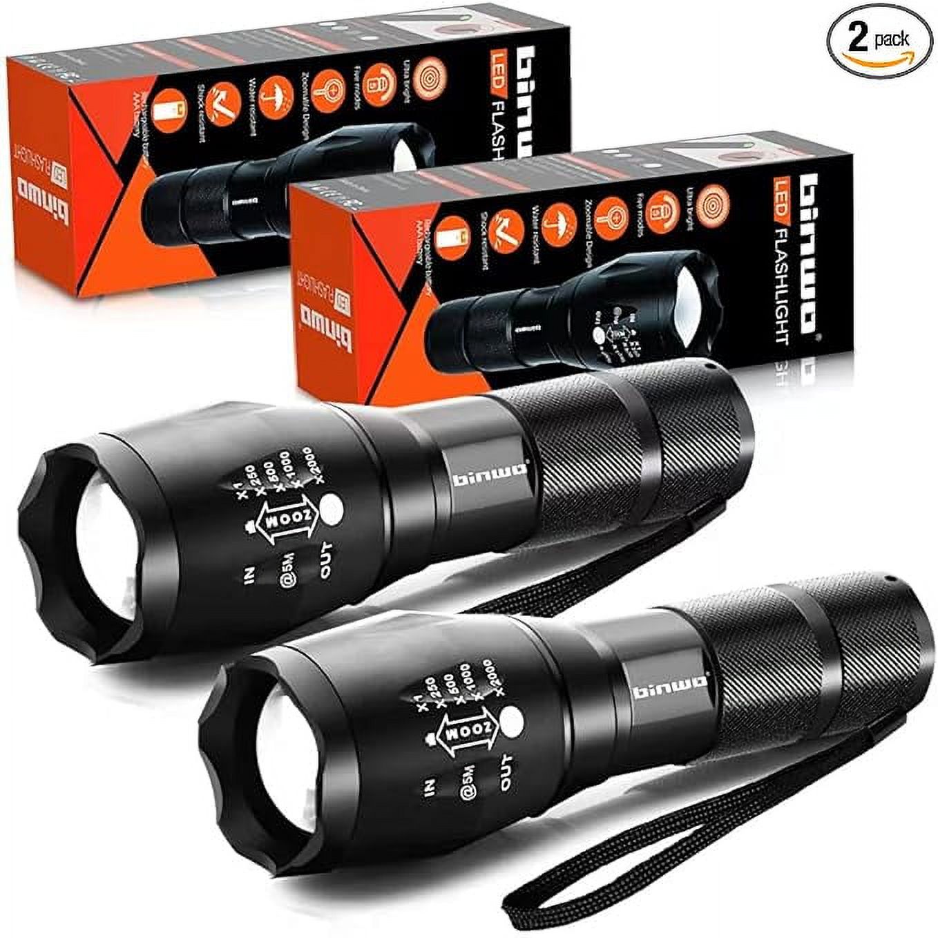 BINWO Flashlight 2pack 3000 Lumens, Tactical Flashlights Small Flashlight Powerful Waterproof Flashlights Pocket Flashlight Zoomable LED Flashlight with 5 Modes, Camping Accessories, Hiking Gear
