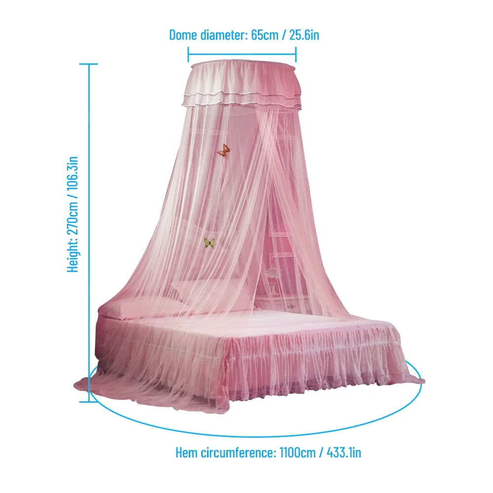 Arealer Universal Dome Single Entrance Fine Mesh Bed Net Lace Curtain Princess Style Bedroom Decoration Easy Installation Pink