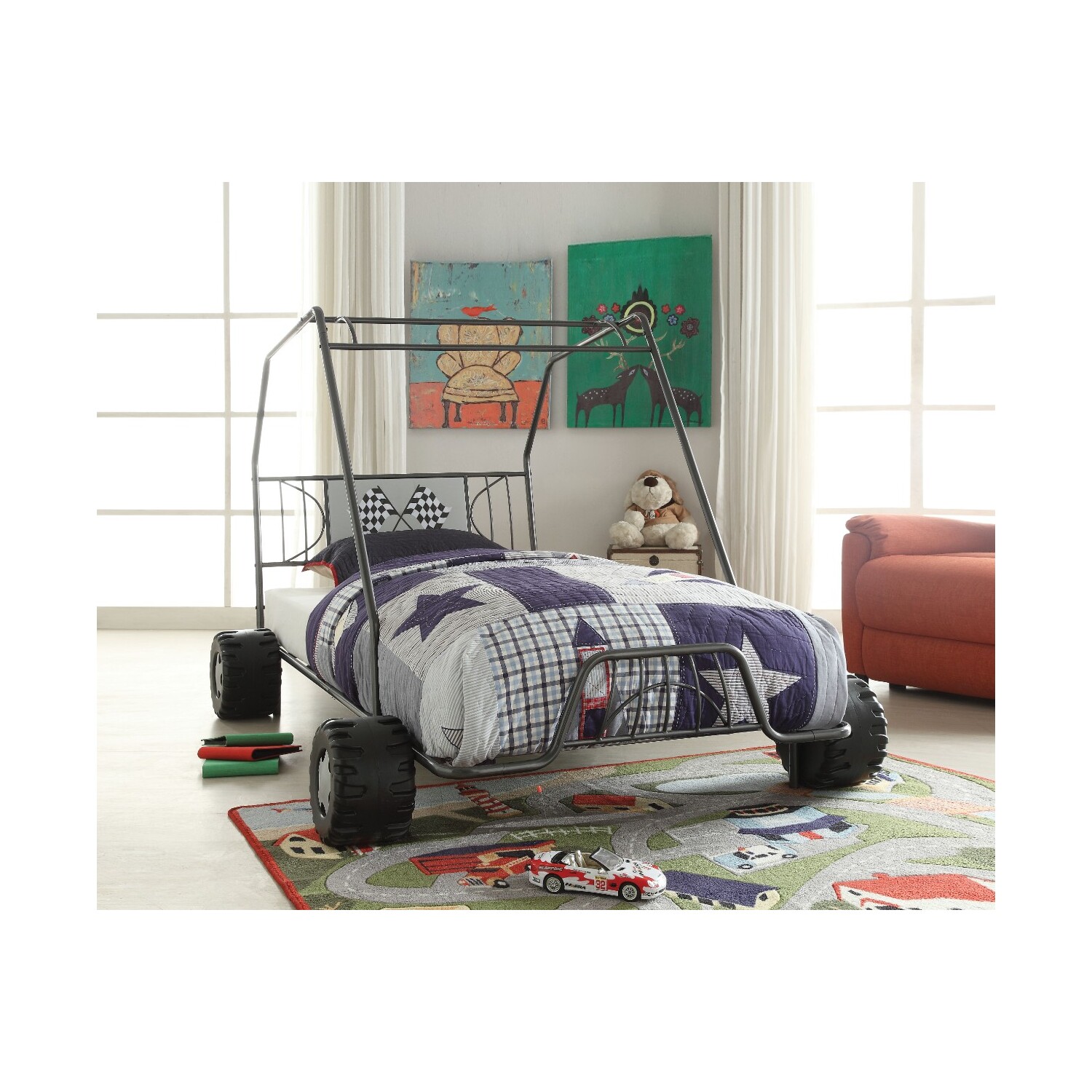 Benzara  Metal Go Kart Style Twin Bed, Black