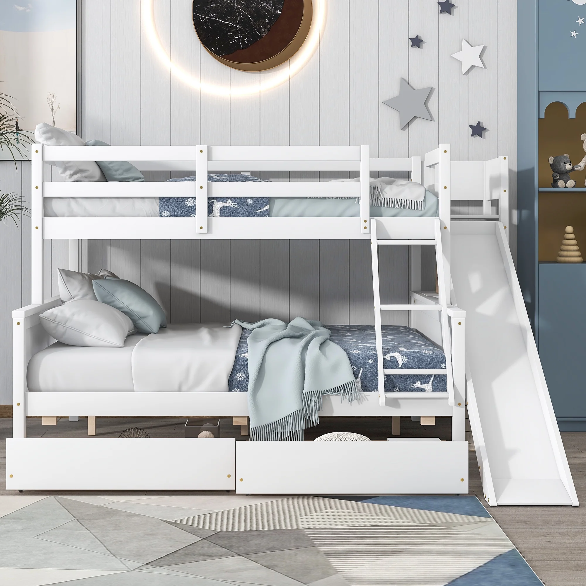 Double detachable bed ,Twin over Full Bunk Bed with 2 Drawers,Slide,Shelves White