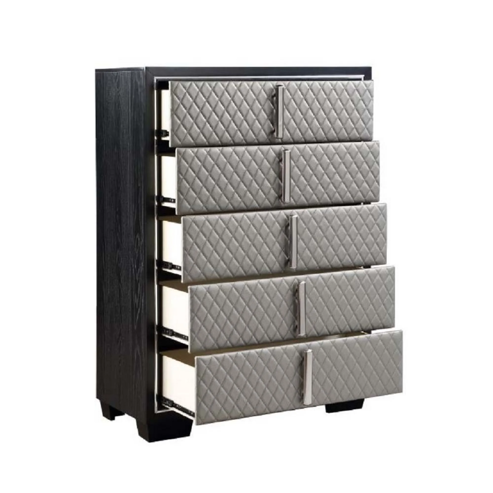 Benjara  54 x 18 x 38 in. Fiz 5 Drawers Tall Dresser Chest with Quilted Silver Faux Leather, Black