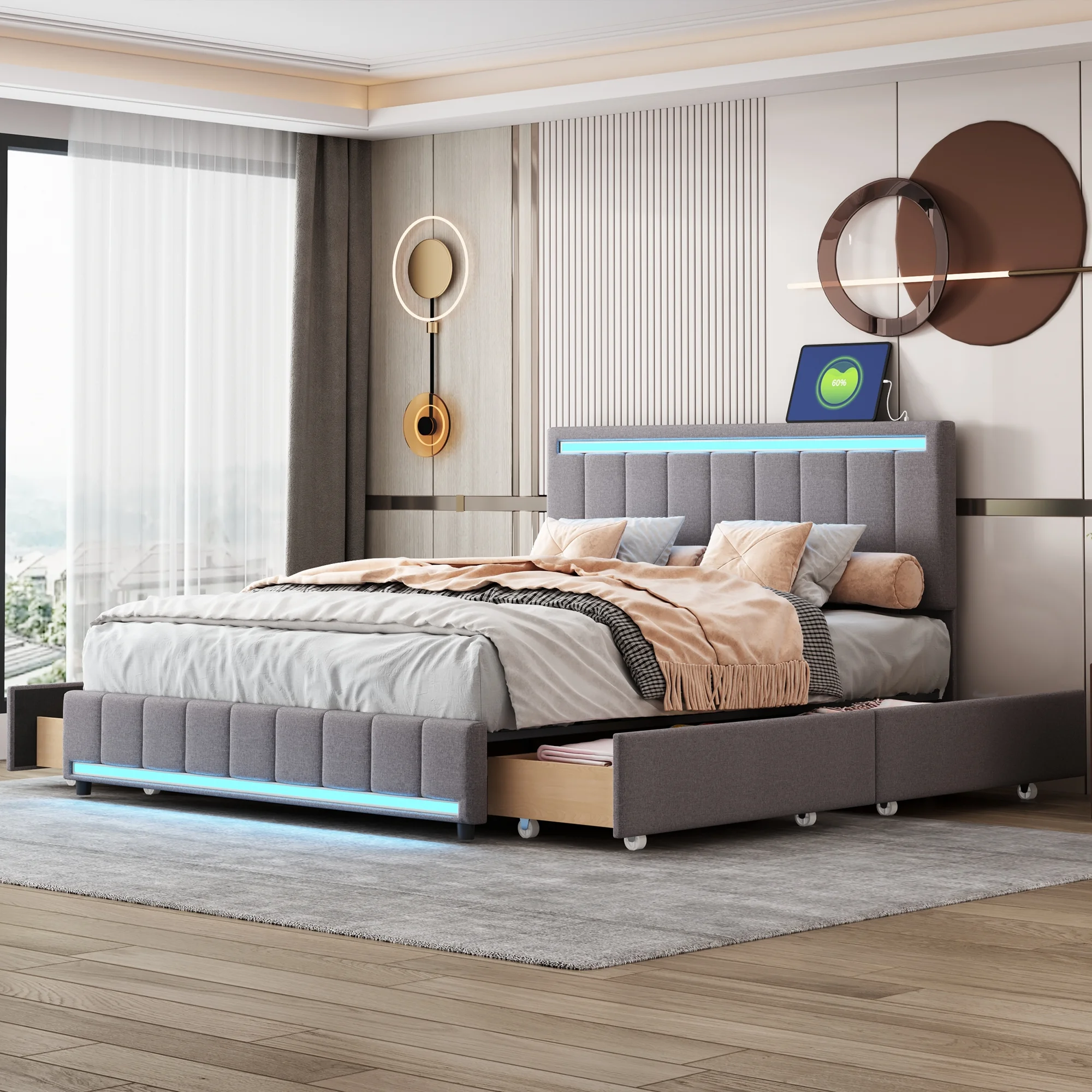 Bellemave Queen Size Linen Upholstered Bed with LED Light and Drawers Storage Platform Bed with USB Charging Port Queen Bed Frame with Adjustable Headboard No Box Spring Needed, Gray