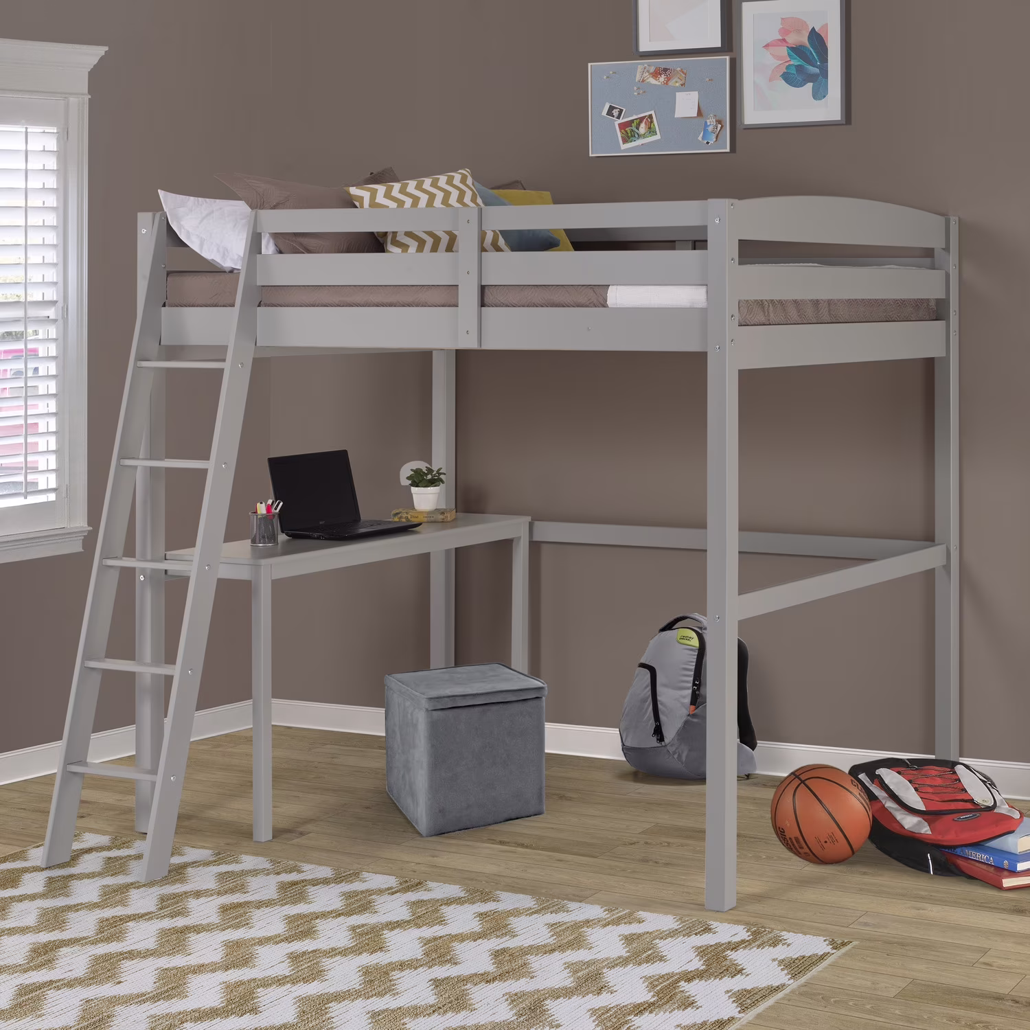 Camaflexi Tribeca Solid Pine Wood High Loft Bed Full with Desk in Gray