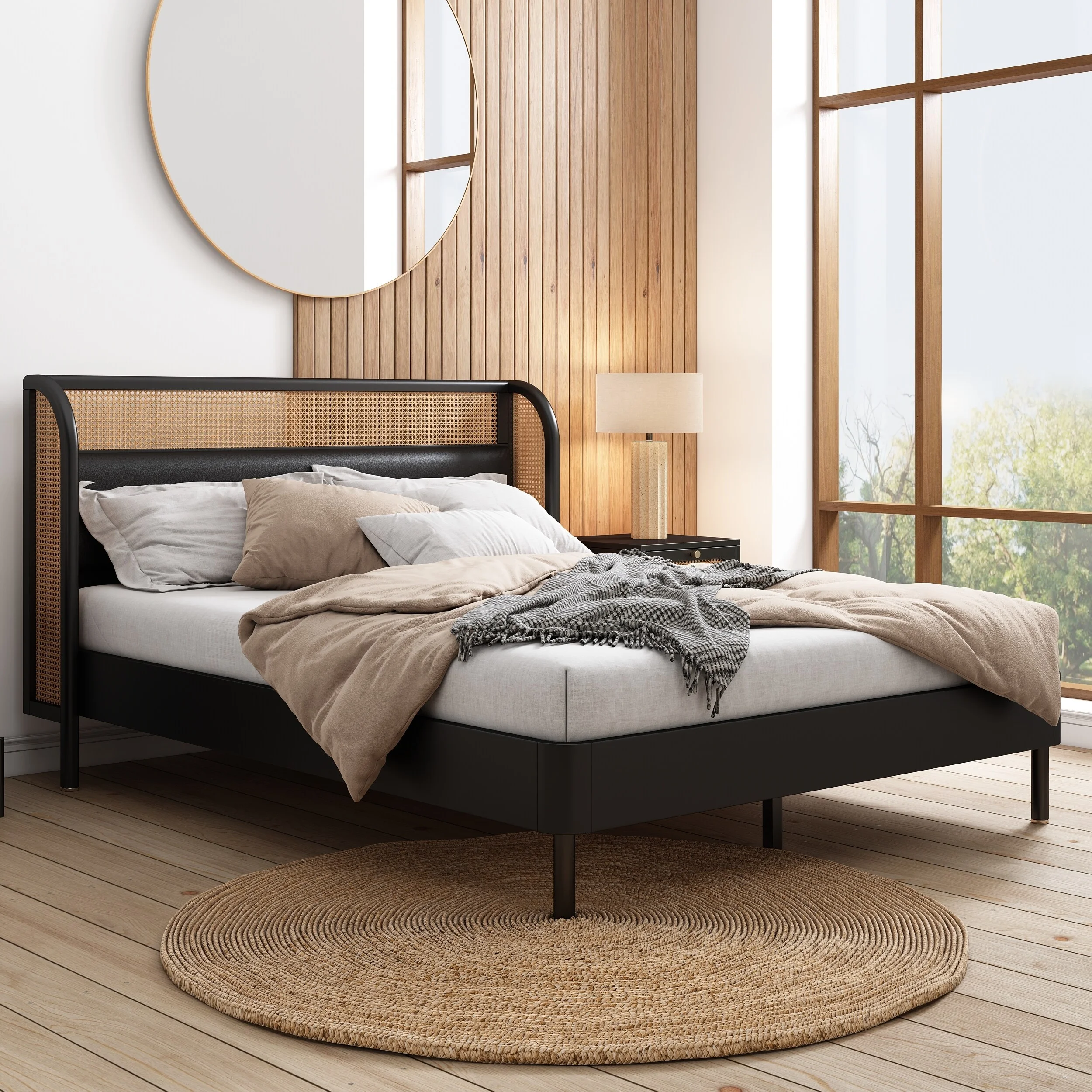 Queen Size Modern Cannage Rattan Wood Platform Bed with PU Leather Curved Wingback Headboard, No Box Spring Neede Black - Queen