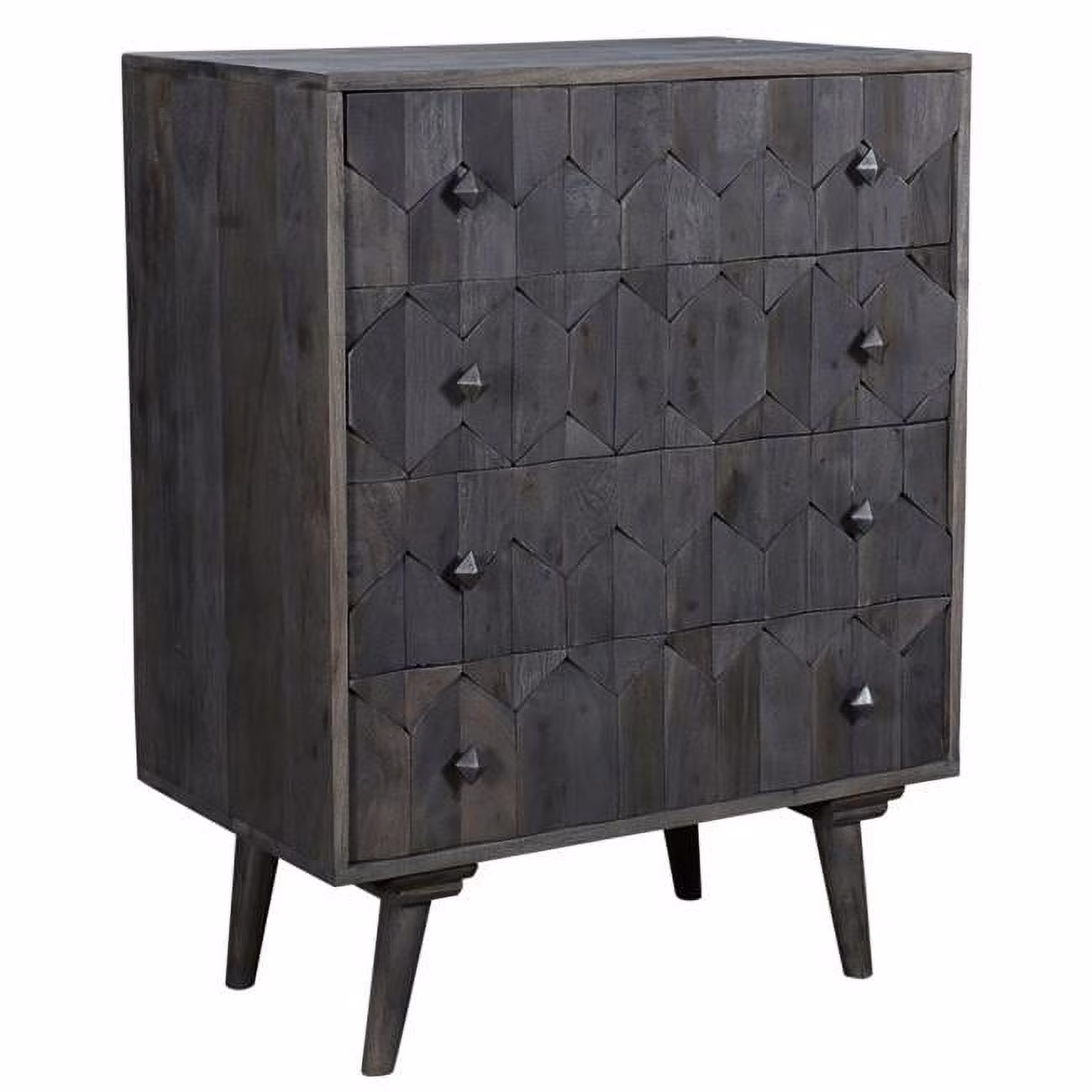 Onyx 4-Drawer Solid Wood Chest in Dark Gray with Hand-Carved Details