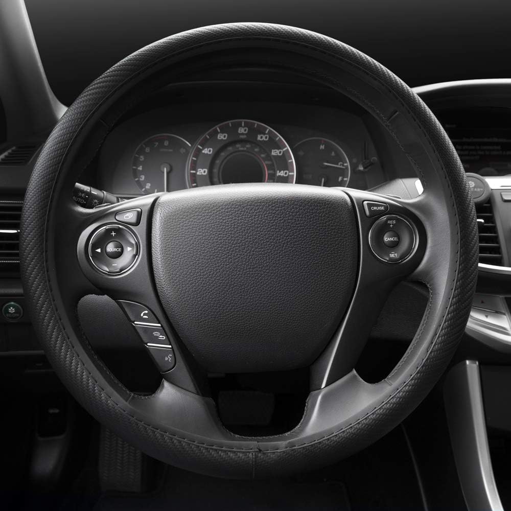 BDK UltraSport Series Steering Wheel Cover-Synthetic Leather Perforated Design & Stitching, All Black Carbon Fiber