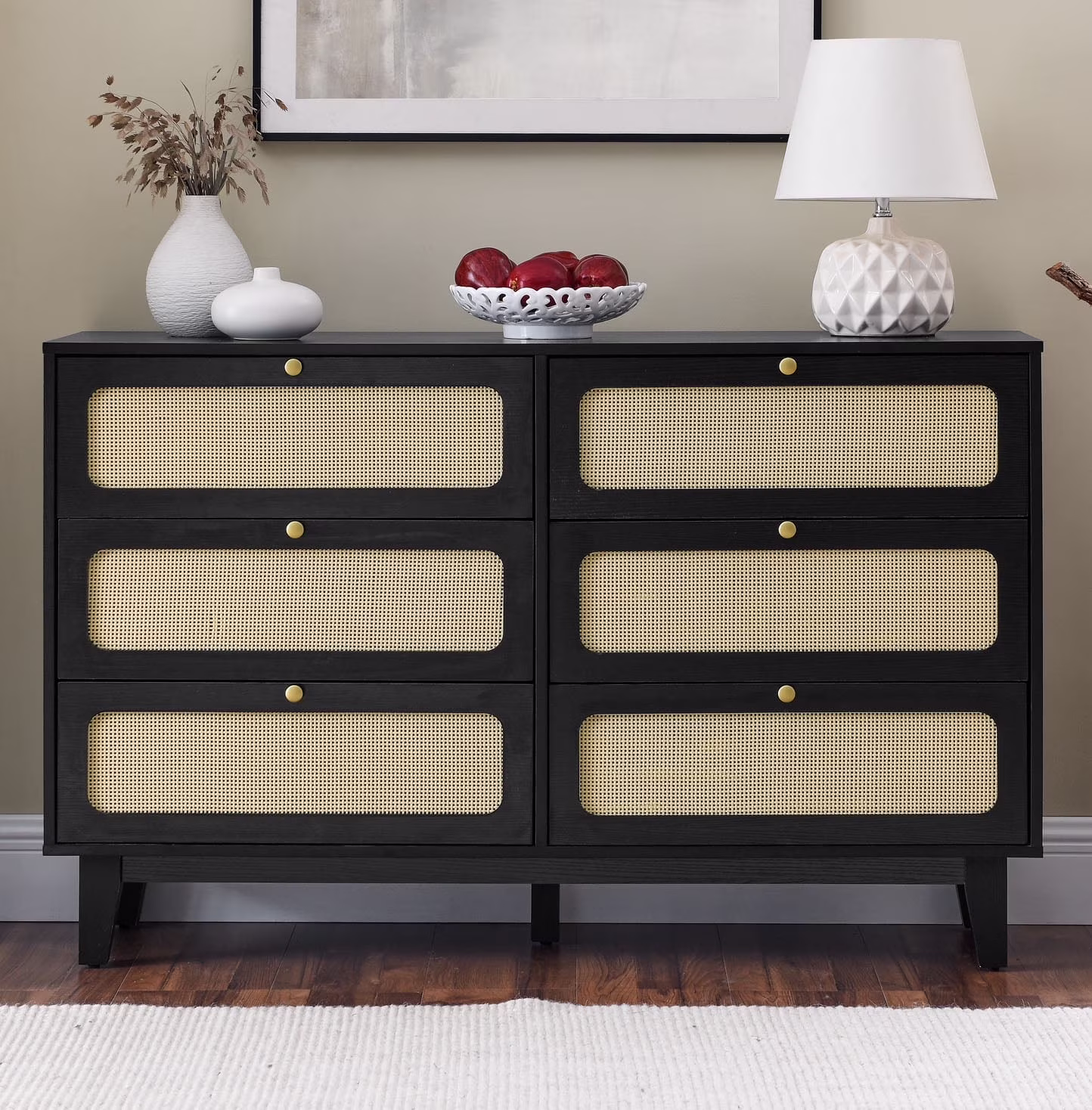 Spacious Storage 6 Large Drawers Elegant Walnut Finish Mid Century Modern Dresser Organizer for Bedroom, Living Room & Entryway, Black