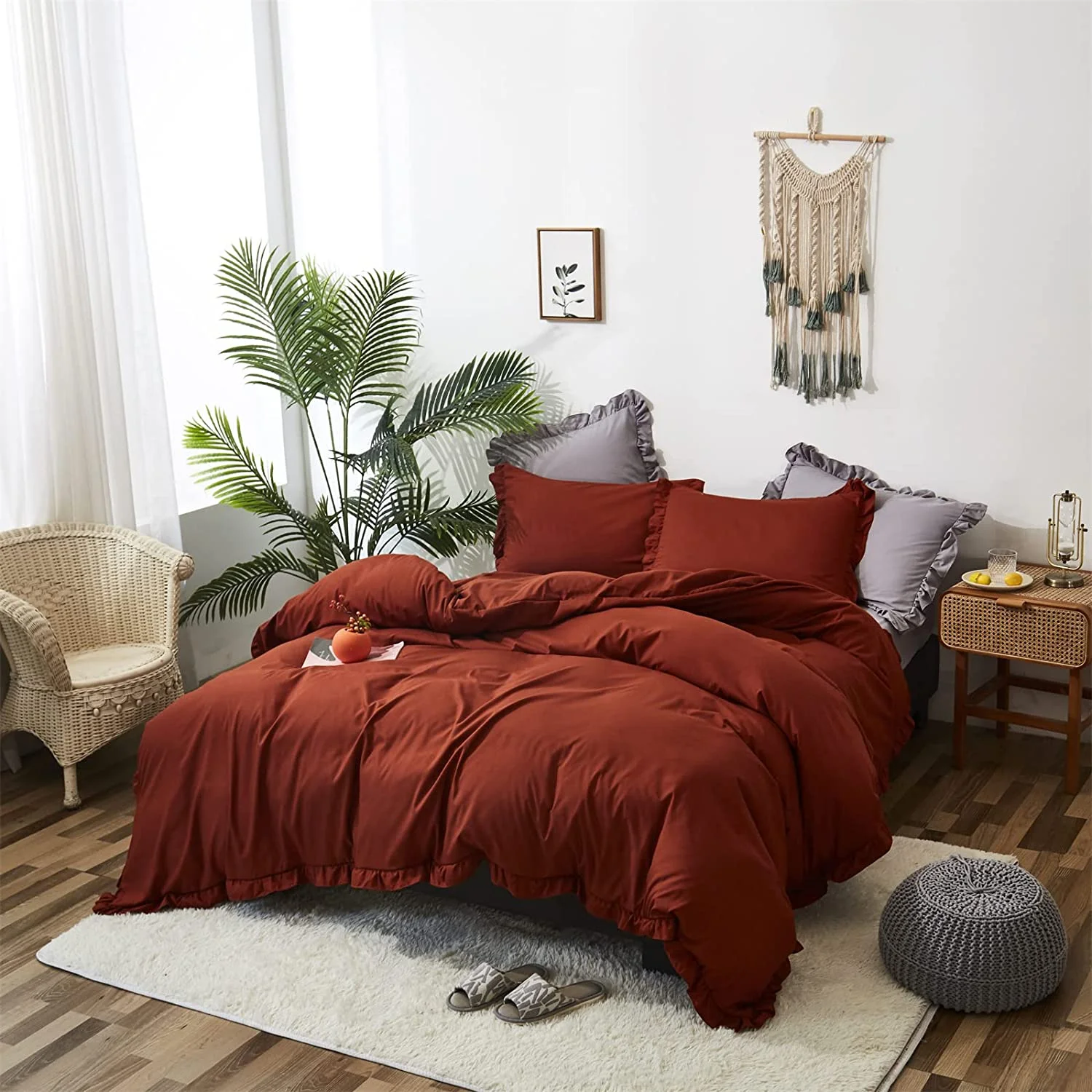 YINCHEN Burnt Orange Ruffle Comforter Set King Farmhouse Shabby Bedding Comforter Set Rust Orange Chic Vintage Friange Cotton Blanket Quilt Soft Breathable Comforter Set for Women Men Adult