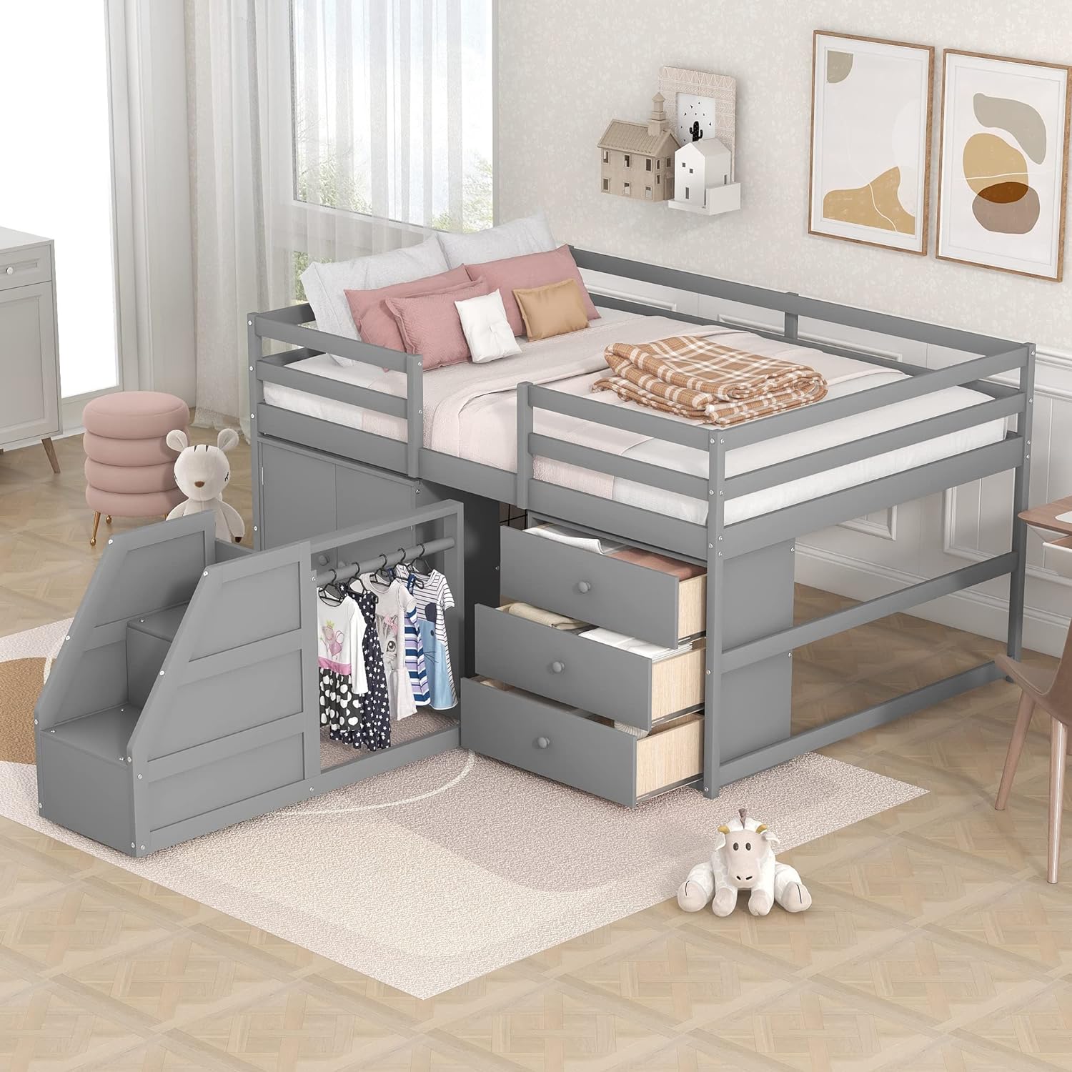 Full Size Lof Bed Wih Cabies Ad Drawers, Movable Saircase Wih Clohes Hagig Bar, Muli-Fucioal Solid Wood Bed Frame, Grey