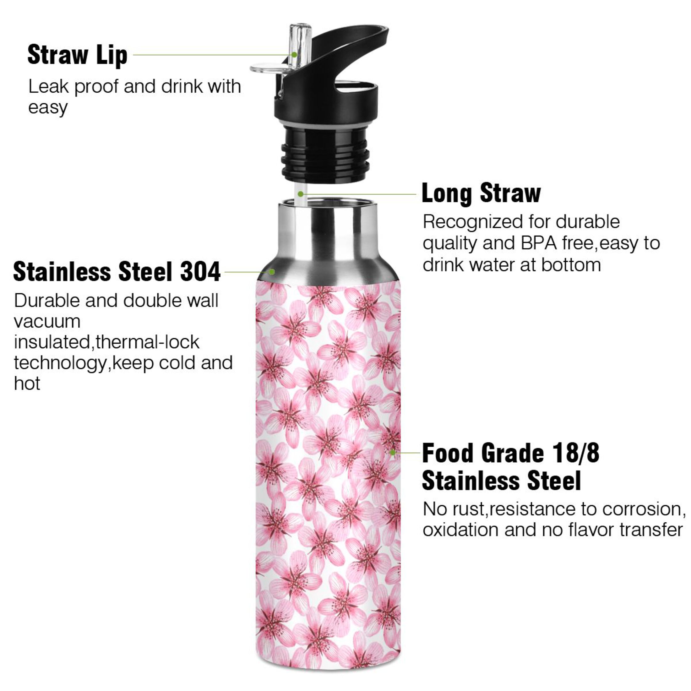 Pink Almond Flowers Water Bottles Insulated Thermos Kids Stainless Steel Bottle with Straw Lid Flask Leakproof for Sports Gym 20 oz