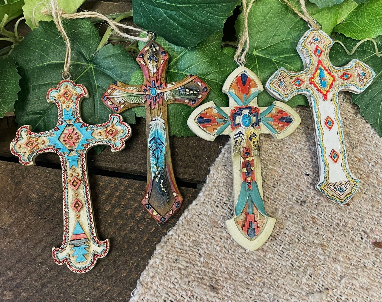 Rustic Western Native Indian Christian Crosses Set of 4 Christmas Tree Ornaments