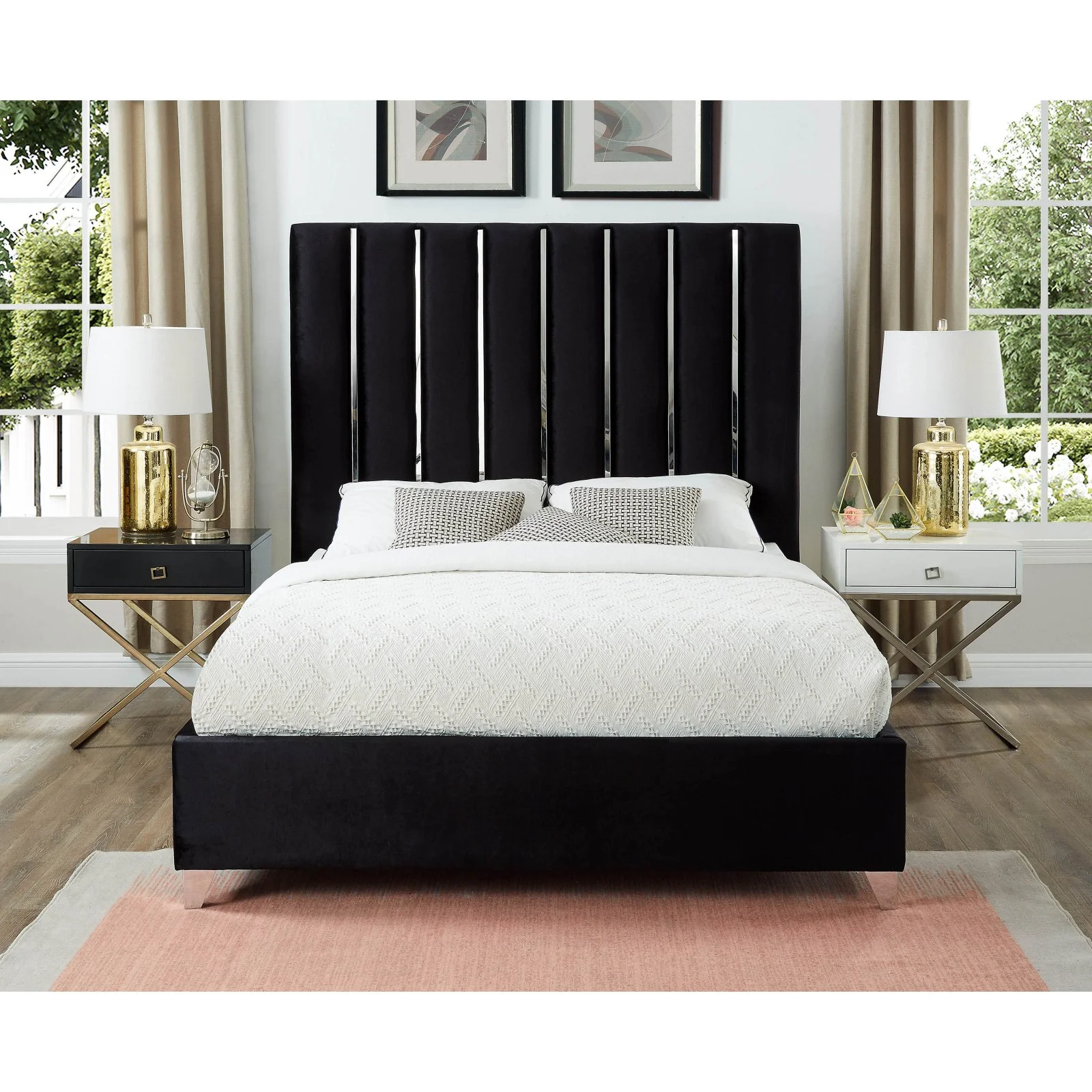 Meridian Furniture Enzo Solid Wood and Velvet Queen Bed in Black