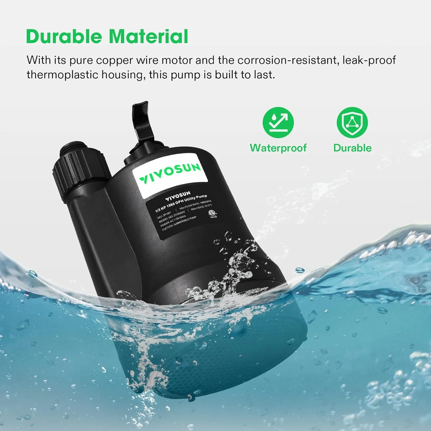 VIVOSUN Submersible Water Sump Pump, 1/3HP 1980GPH Utility Pump, Thermoplastic Sump Pump with 10ft Cable