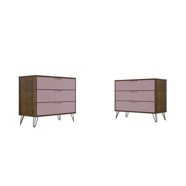 Manhattan Comfort  Rockefeller 3-Drawer Nature & Rose Pink Dresser, 28.86 x 35.24 x 17.52 in. - Set of 2