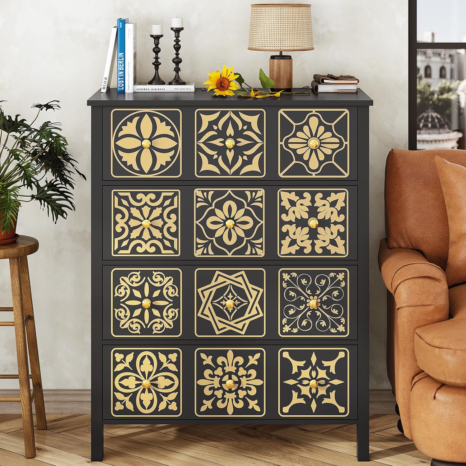 AOGLLATI Dresser for Bedroom with 4 Drawers,Chests of Drawers with Charging Station, Boho Wooden Dresser with Storage,Black
