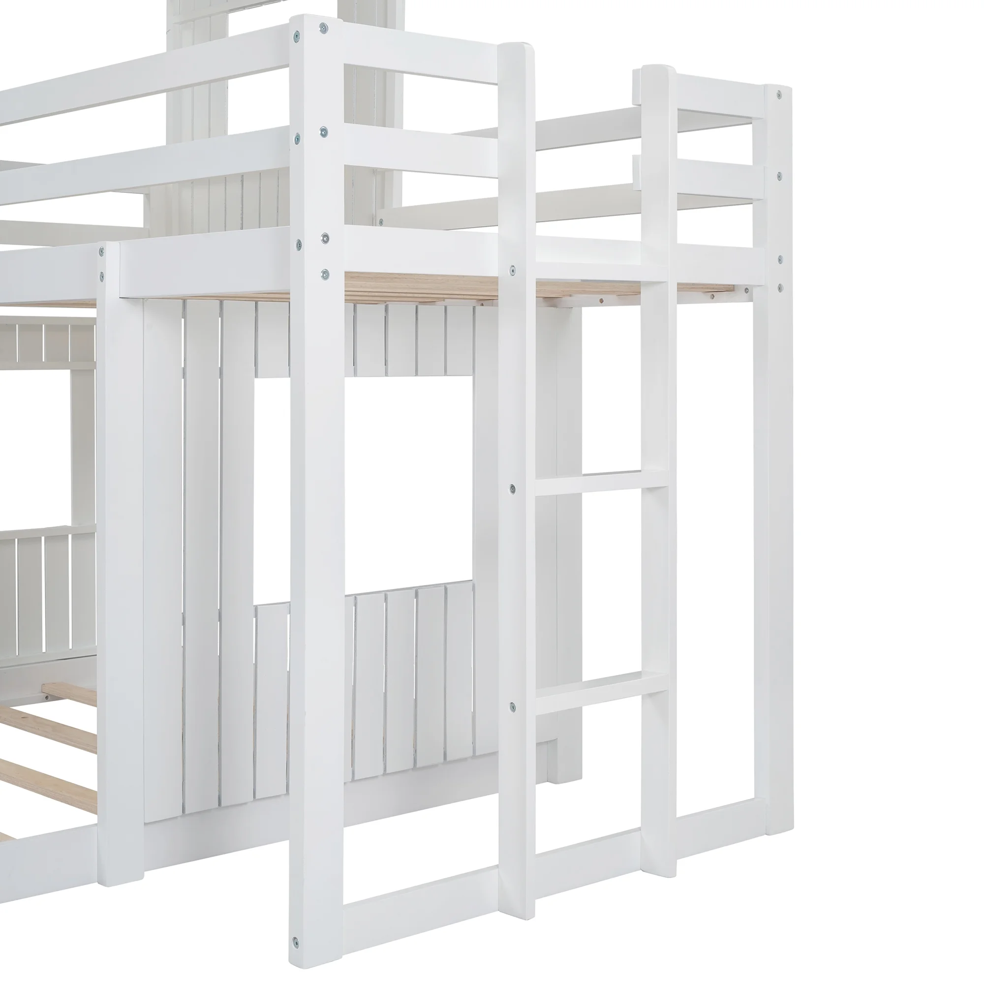 White Wooden Twin Over Full Bunk Bed with Playhouse, Farmhouse, Ladder and Guardrails