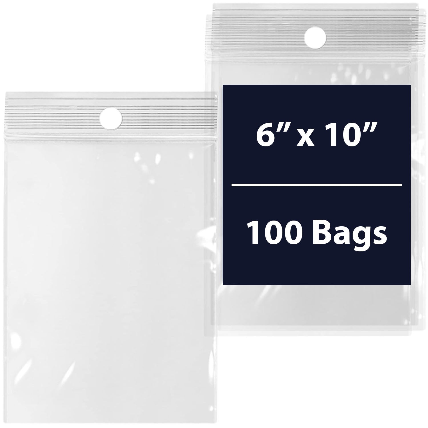 Reclosable Hang Hole Poly Bags - 6 x 10 & (100 Bags) 2 Mil Clear Plastic with Resealable Lock Seal Zipper | Durable Poly Baggies | Resealable Zip Top Lock For Jewelry, Storage, Packaging & Shipping