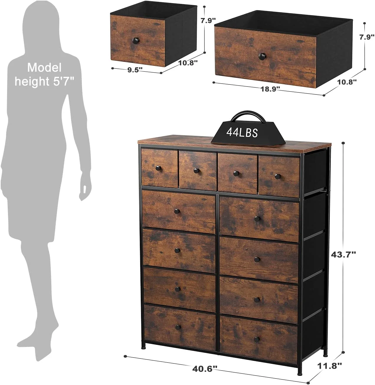 Dresser for Bedroom with 12 Drawers  Tall Dresser with Wooden Top and Metal Frame  Fabric Storage Drawer Dresser & Chest of Drawers for Bedroom Closet  40.6"W x 11.8"D x 43.7&