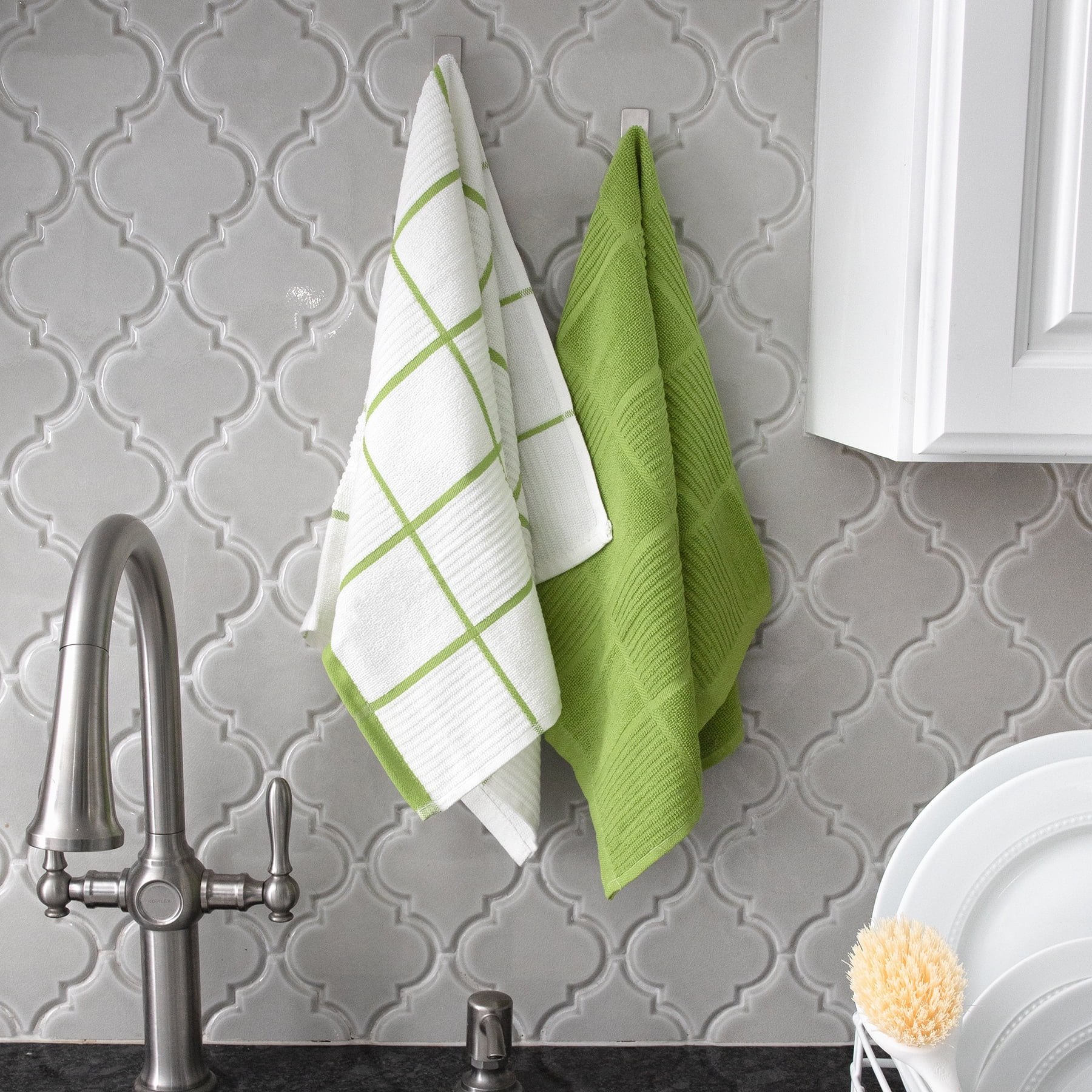 T-FAL Solid and Check Parquet Kitchen Towel, 2 Pack, Green