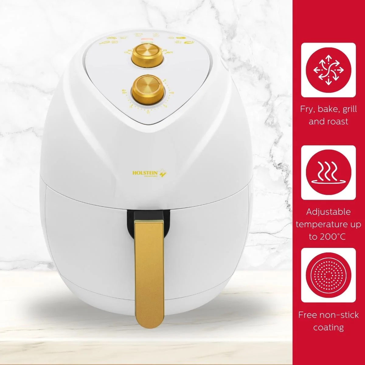 Holstein Housewares 4.8QT Air Fryer - Convenient and User Friendly with Optimal Cooking Functions to Fry, Bake, Grill and Roast, White and Gold