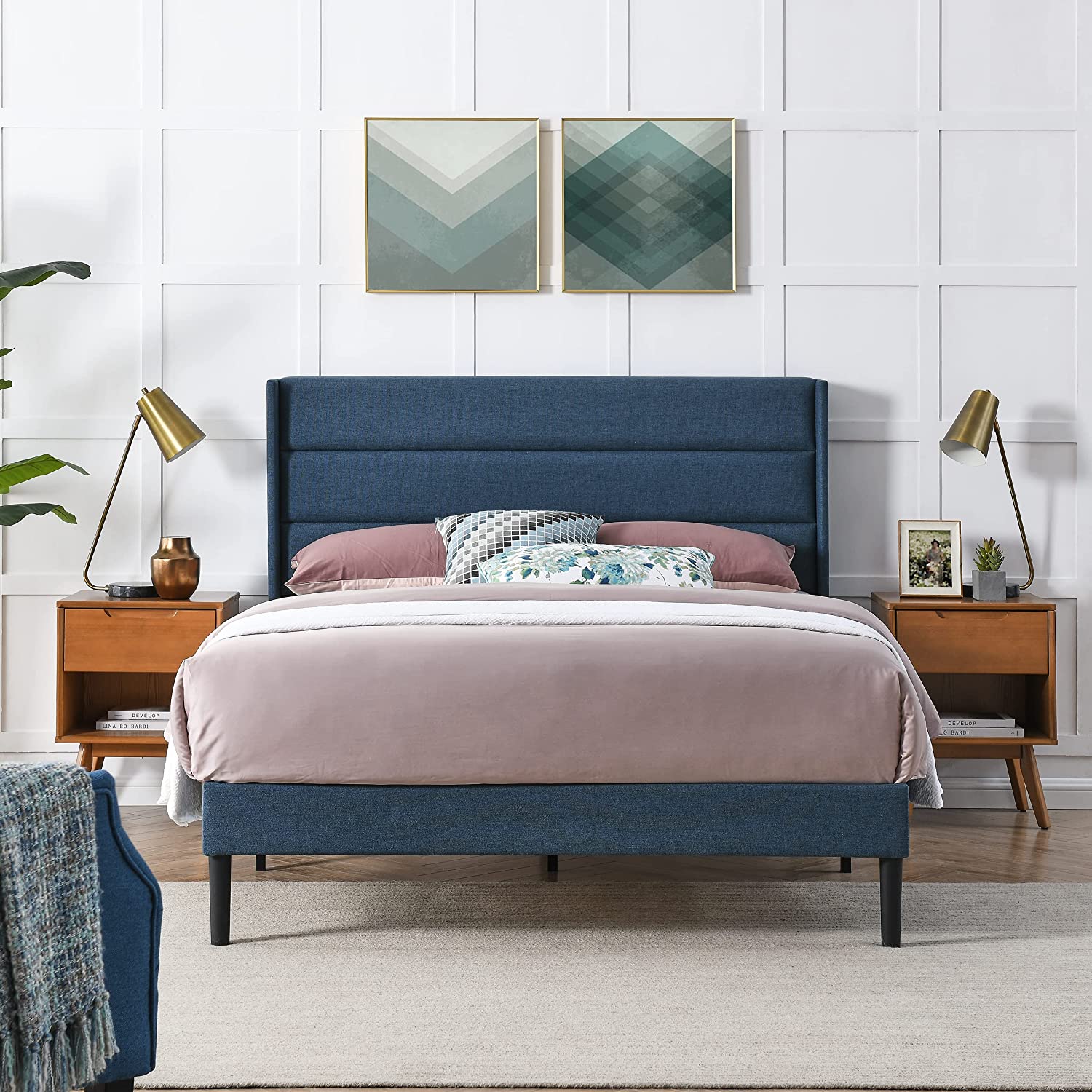 BIKAHOM Mid-Century Full Size Upholstery Platform Bed Frame with Fabric Tufted Horizontal Channel Wingback Headboard Mattress Foundation with Strong Wooden Slats & No Box Spring Neede