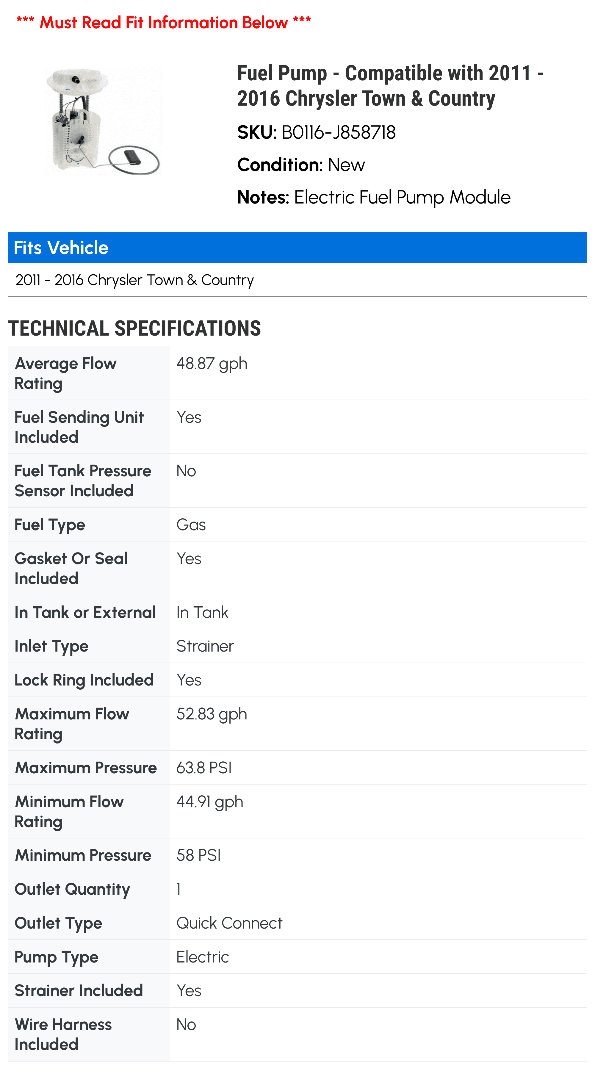 Fuel Pump - Compatible with 2011 - 2016 Chrysler Town & Country 2012 2013 2014 2015