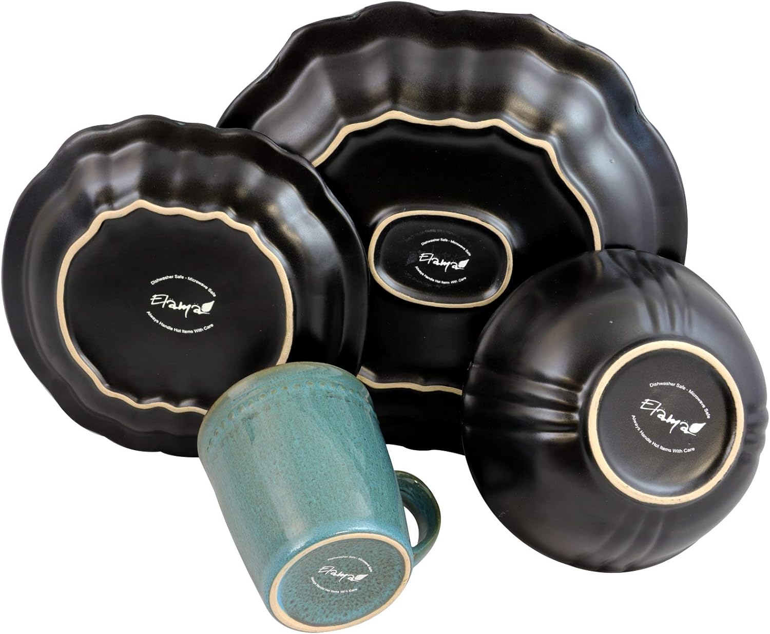 Stoneware Round Oval Dinnerware Dish Set, Ocean Blue