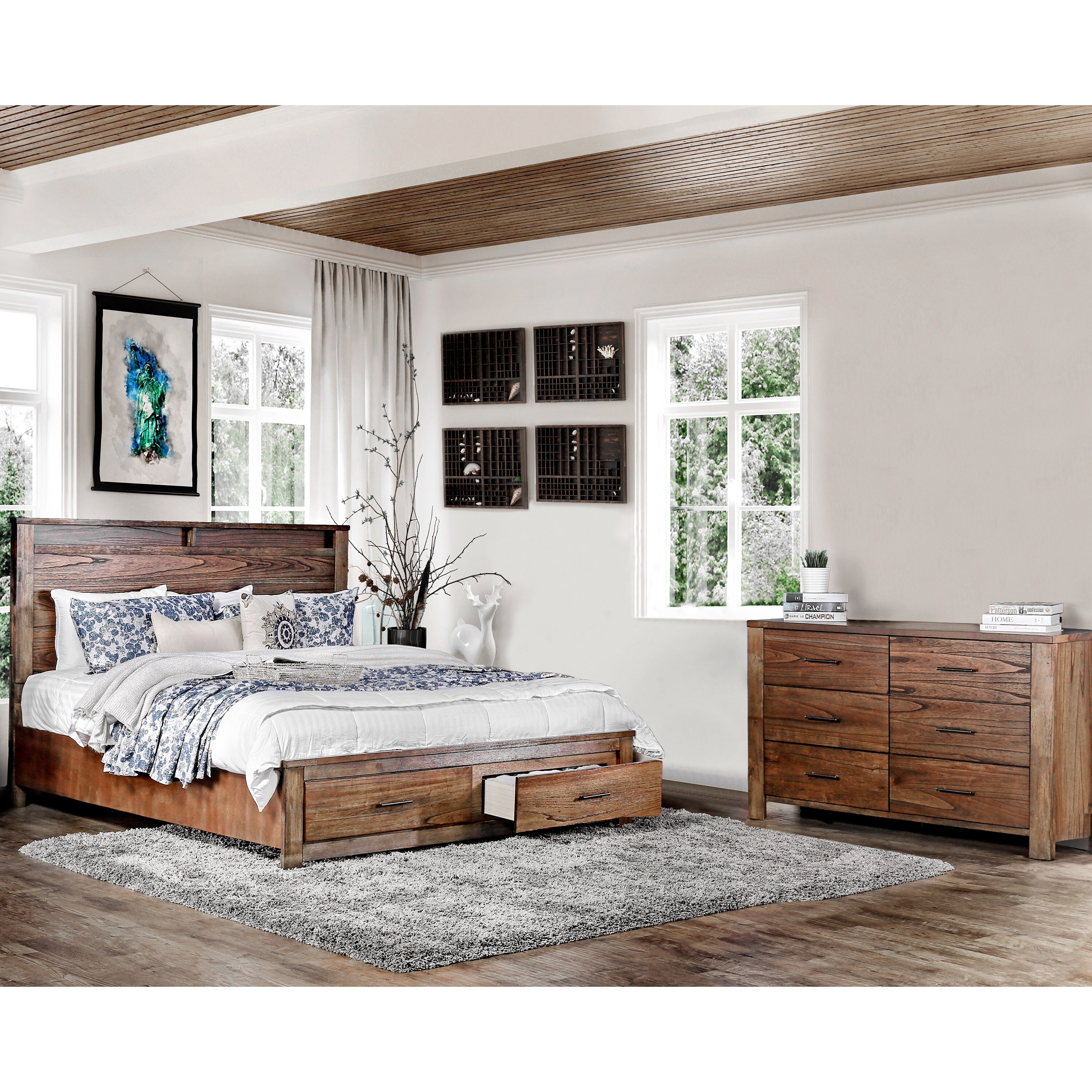 Furniture of America Slyvester Rustic Brown Queen Wood 2-Piece Storage Platform Bed Set by