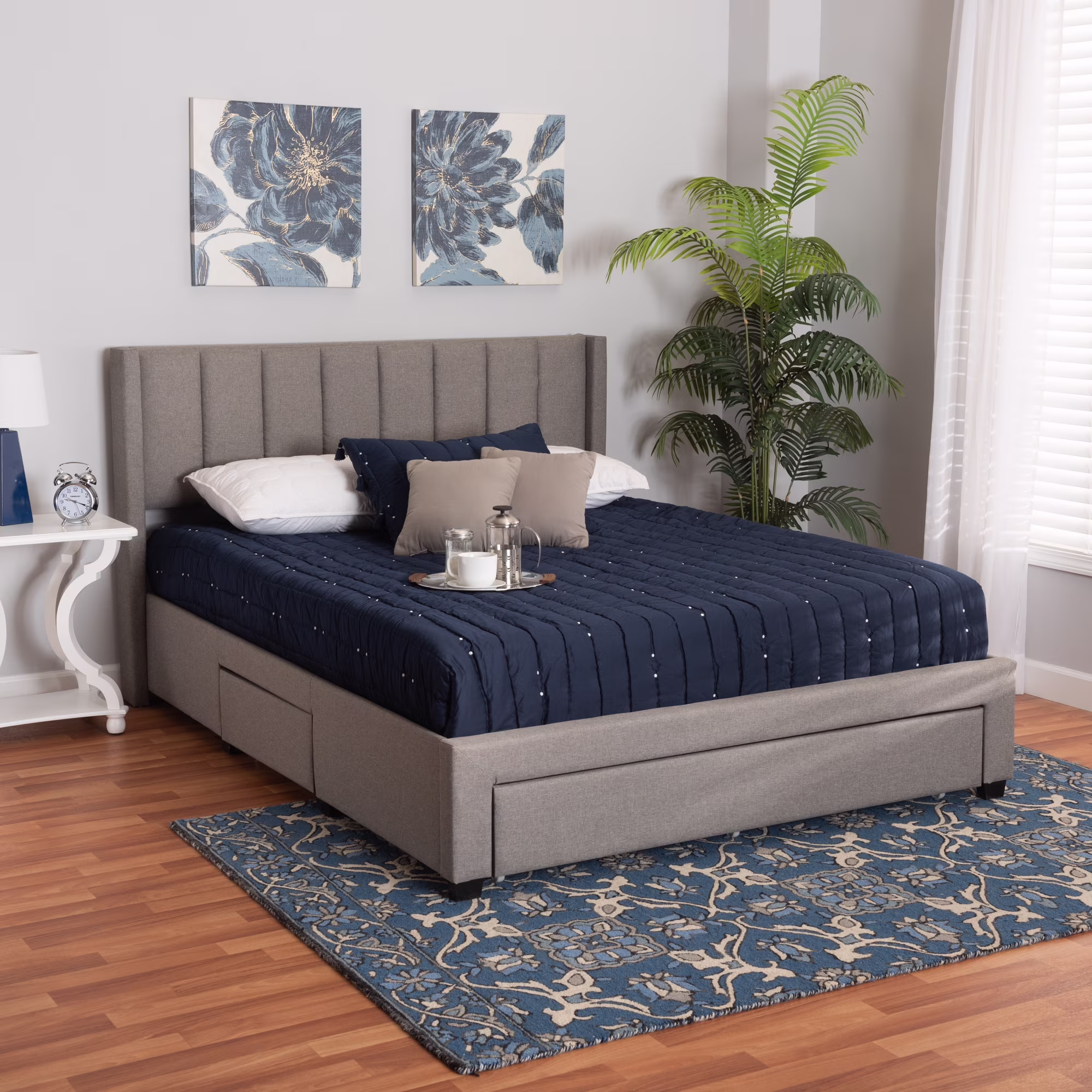 Baxton Studio Coronado Mid-Century Modern Transitional Grey Fabric Full Size 3-Drawer Storage Platform Bed